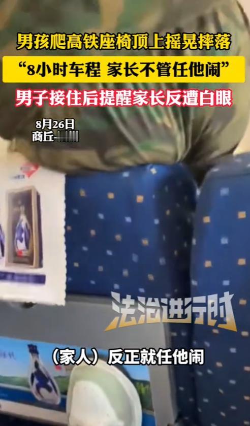 “熊孩子的背后果然有熊家长！”8月26日，河南商丘，一熊孩子在高铁上来回跑闹，8