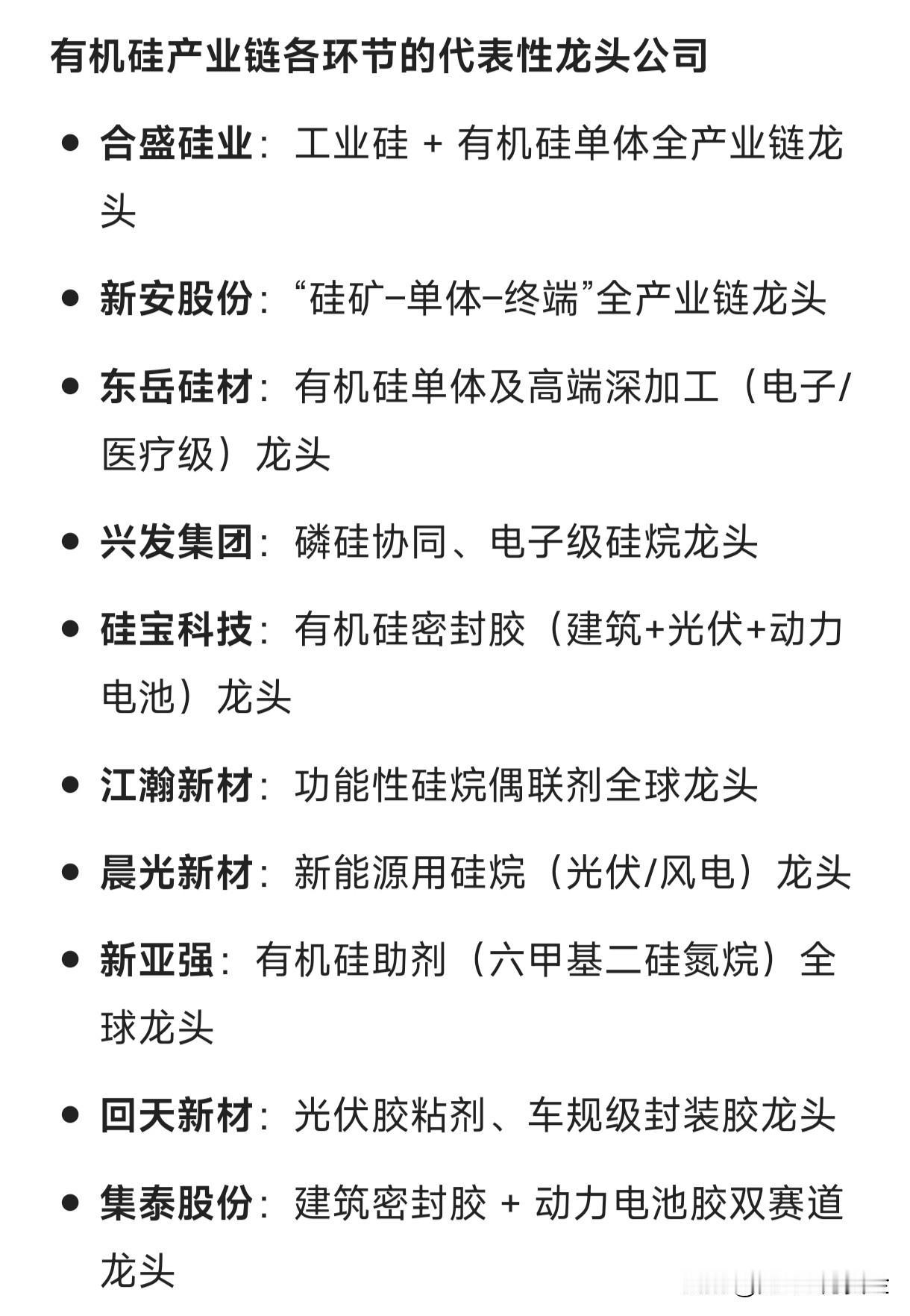 有机硅产业链各环节的代表性龙头公司合盛硅业：工业硅+有机硅单体全产业链龙