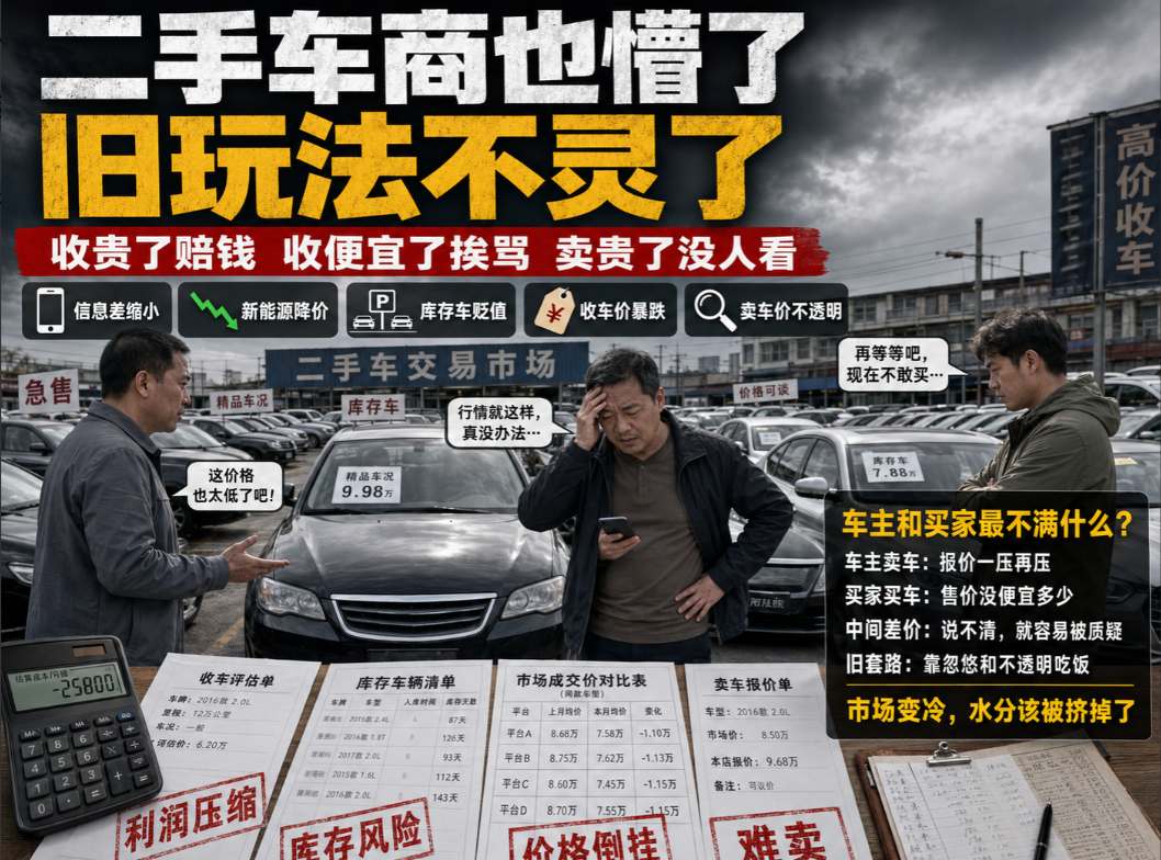 二手车商也快被这波行情打懵了：收贵了赔钱，收便宜了挨骂，卖贵了没人看。