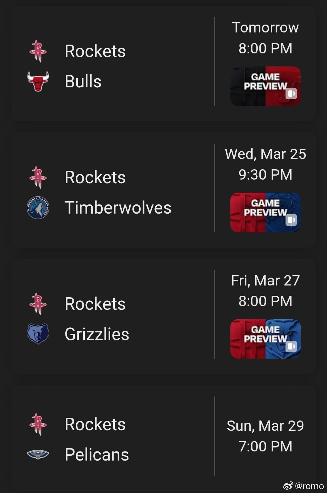 火箭队接下来的4场客场之旅：公牛（28胜42负）森林狼（43胜28负——华子将缺