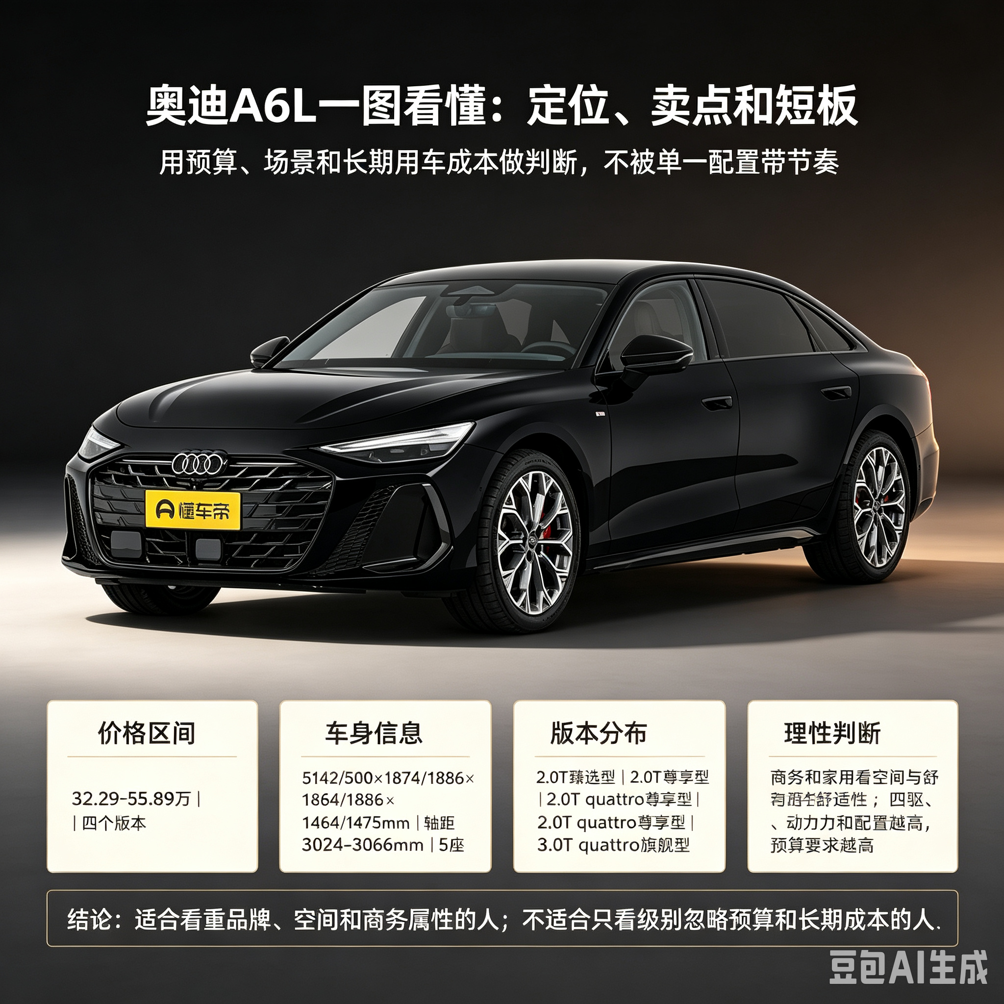 奥迪A6L一图看懂：定位、卖点和短板。用预算、场景和长期用车成本做判断，不被单一配置带节奏。指导价3