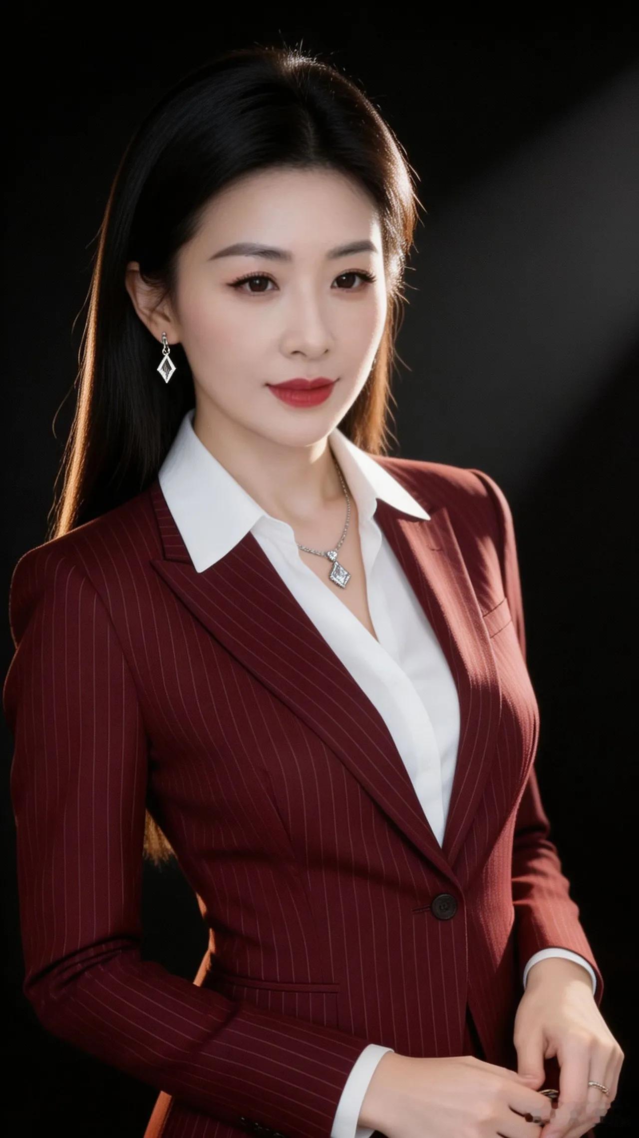 职场女神范儿，红条纹西装搭配白衬衫，尽显时尚魅力风采！