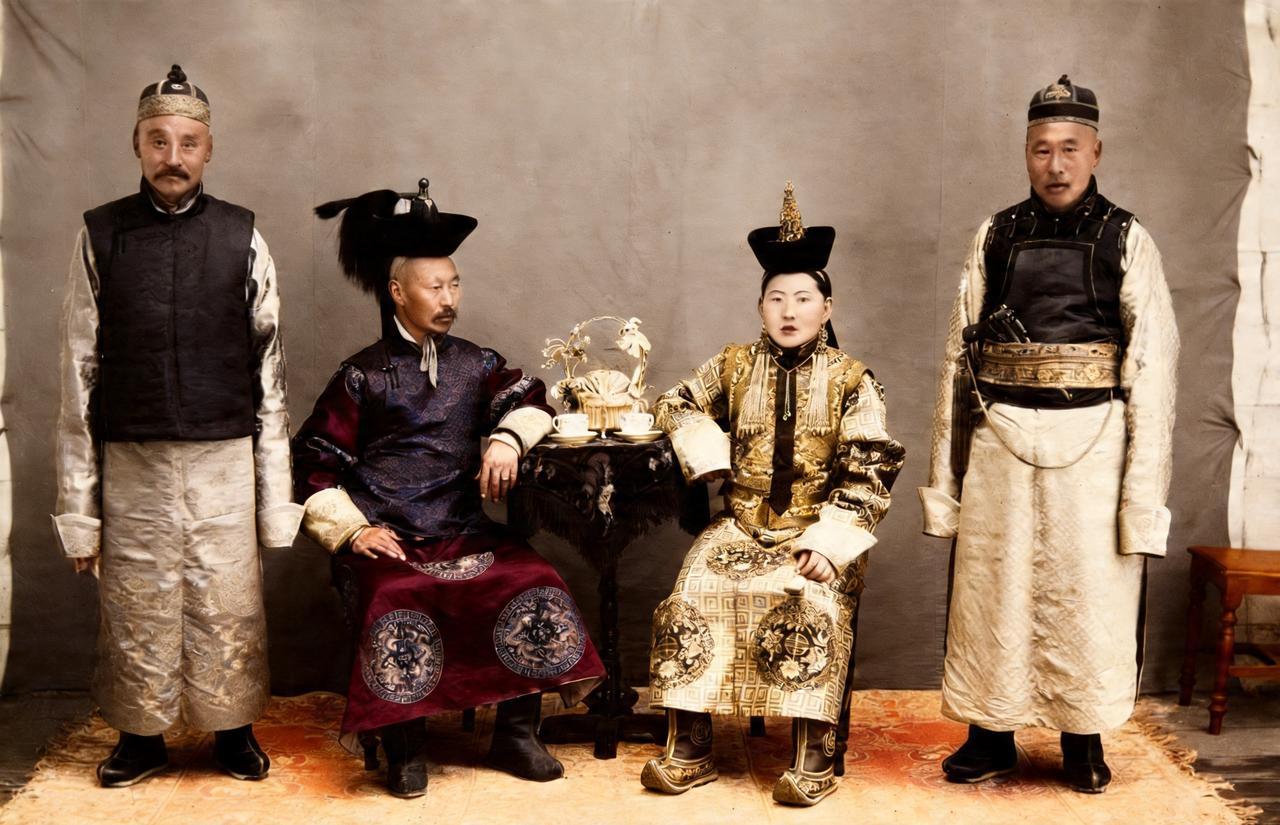 这是晚清蒙古王公与管家、侍卫合影。王公夫妇气质拉满，面无表情，无比威严。侍立在左