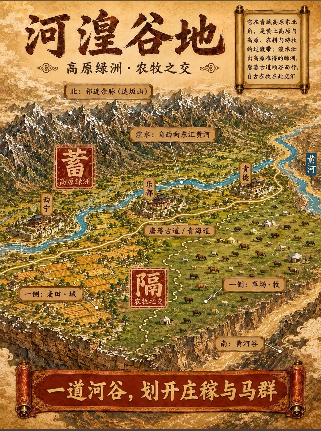 河湟谷地实打实把“反差感”嵌进了自身的地形基因里。它坐落于青藏高原与黄土高原的