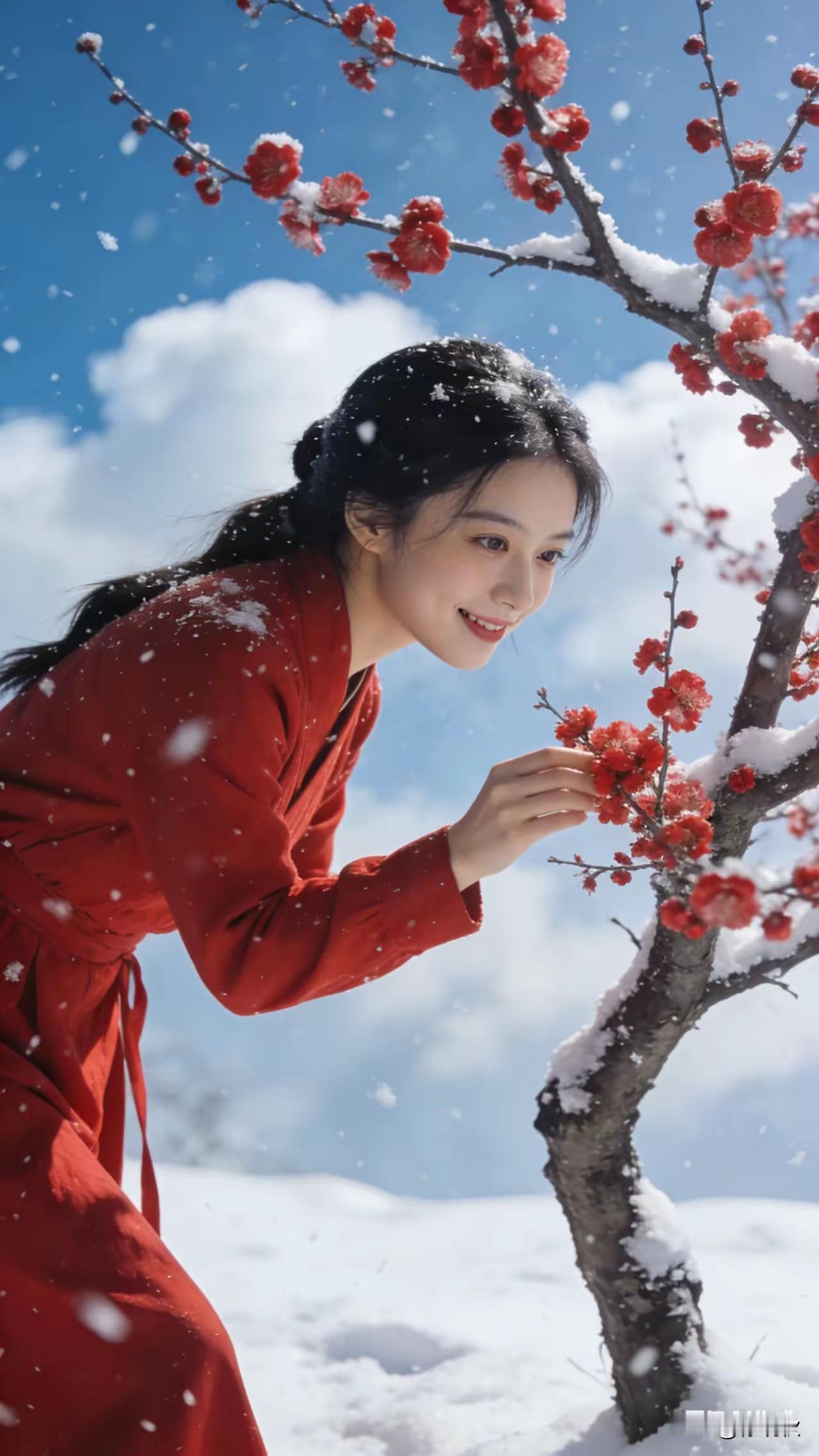 梅花欢喜漫天雪，红装少女美佳人。