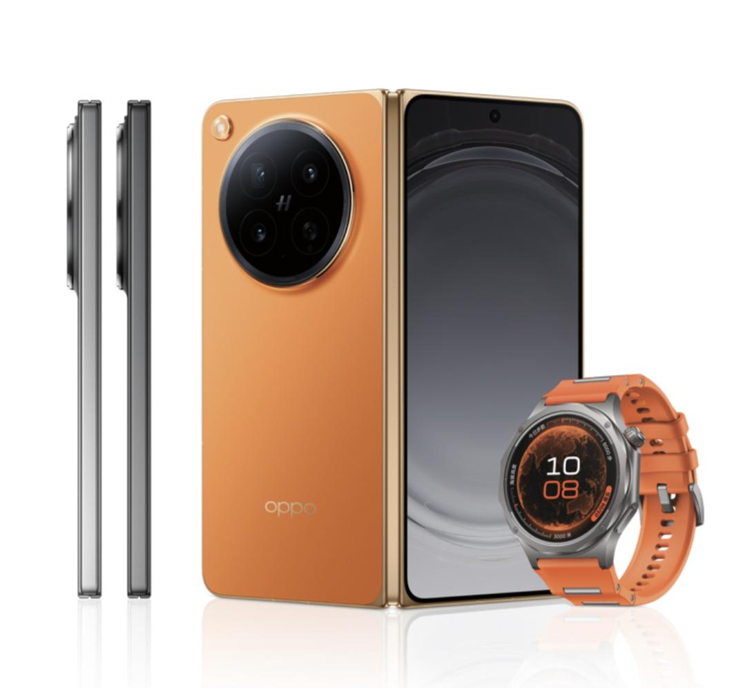 超薄折叠屏新品OPPOFindN6有三款颜色，金橙、原钛、深黑。相机模组然是