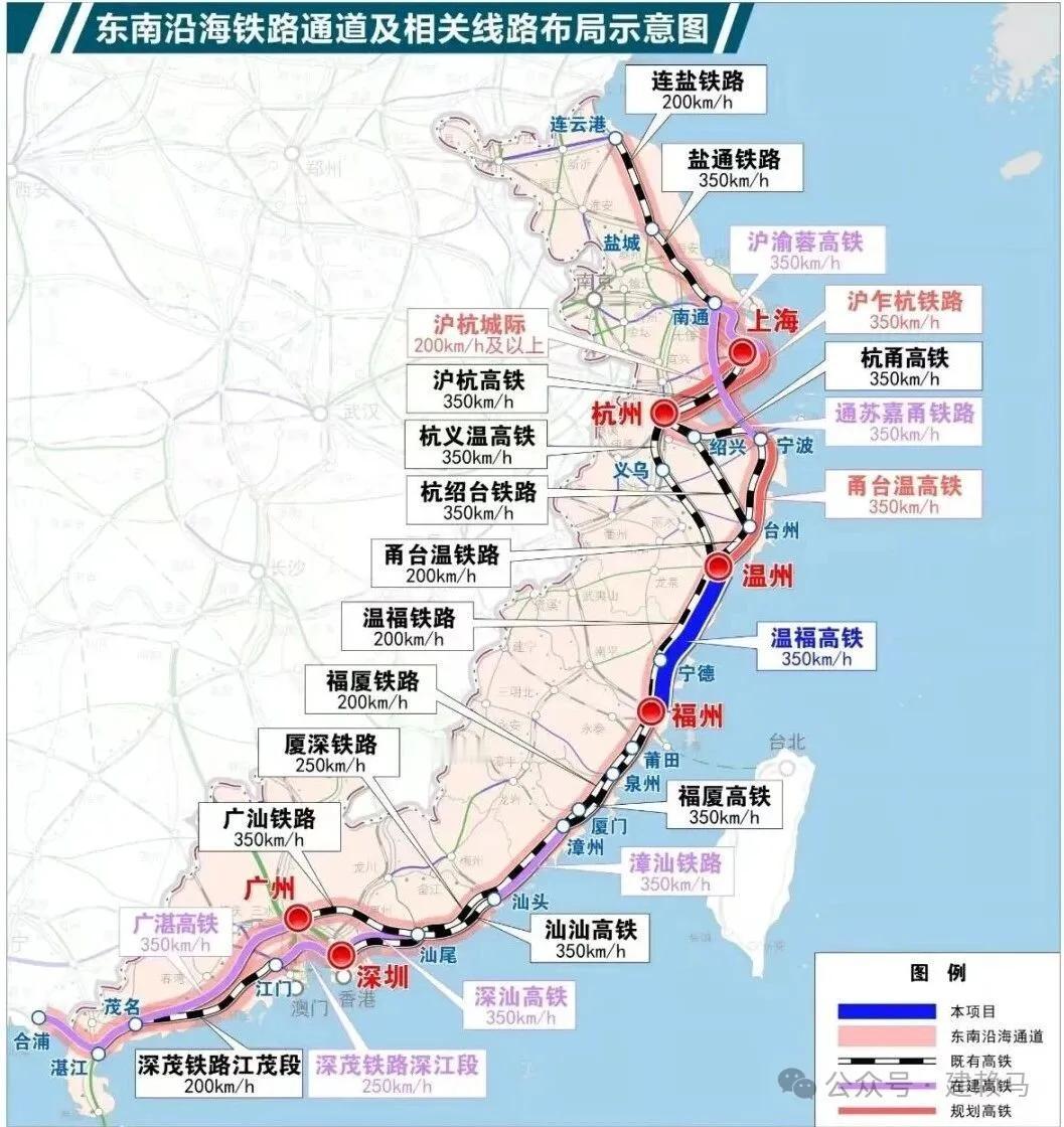 东南沿海铁路通道及相关线路布局图，共布局6个铁路枢纽城市。202