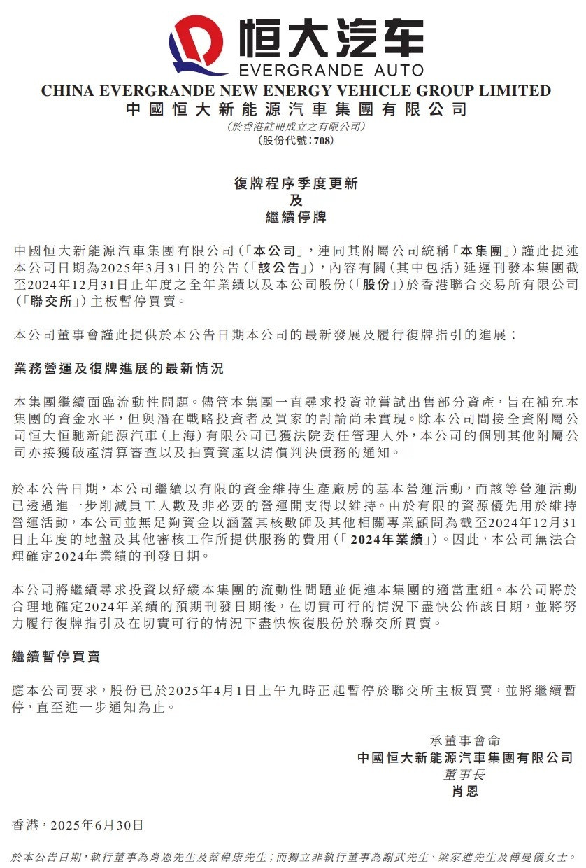 今日，恒大汽车发布公告，因持续流动性枯竭，2024年财报发布日期无法确定，股票自