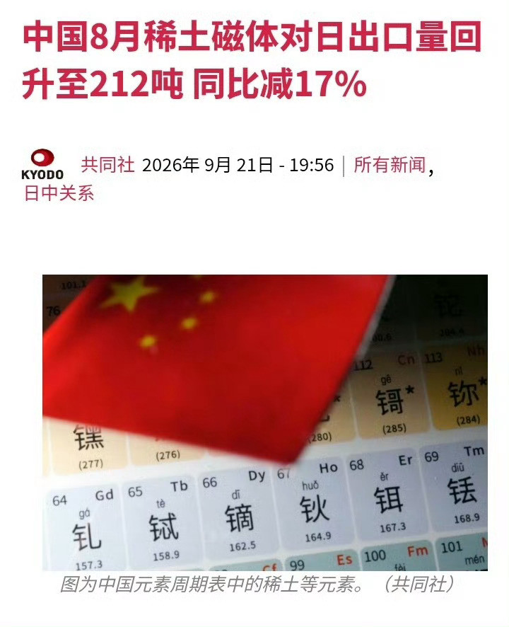 应该降为0吨日本共同社：中国海关总署20日公布的贸易数据显示，8月稀土磁体对日出