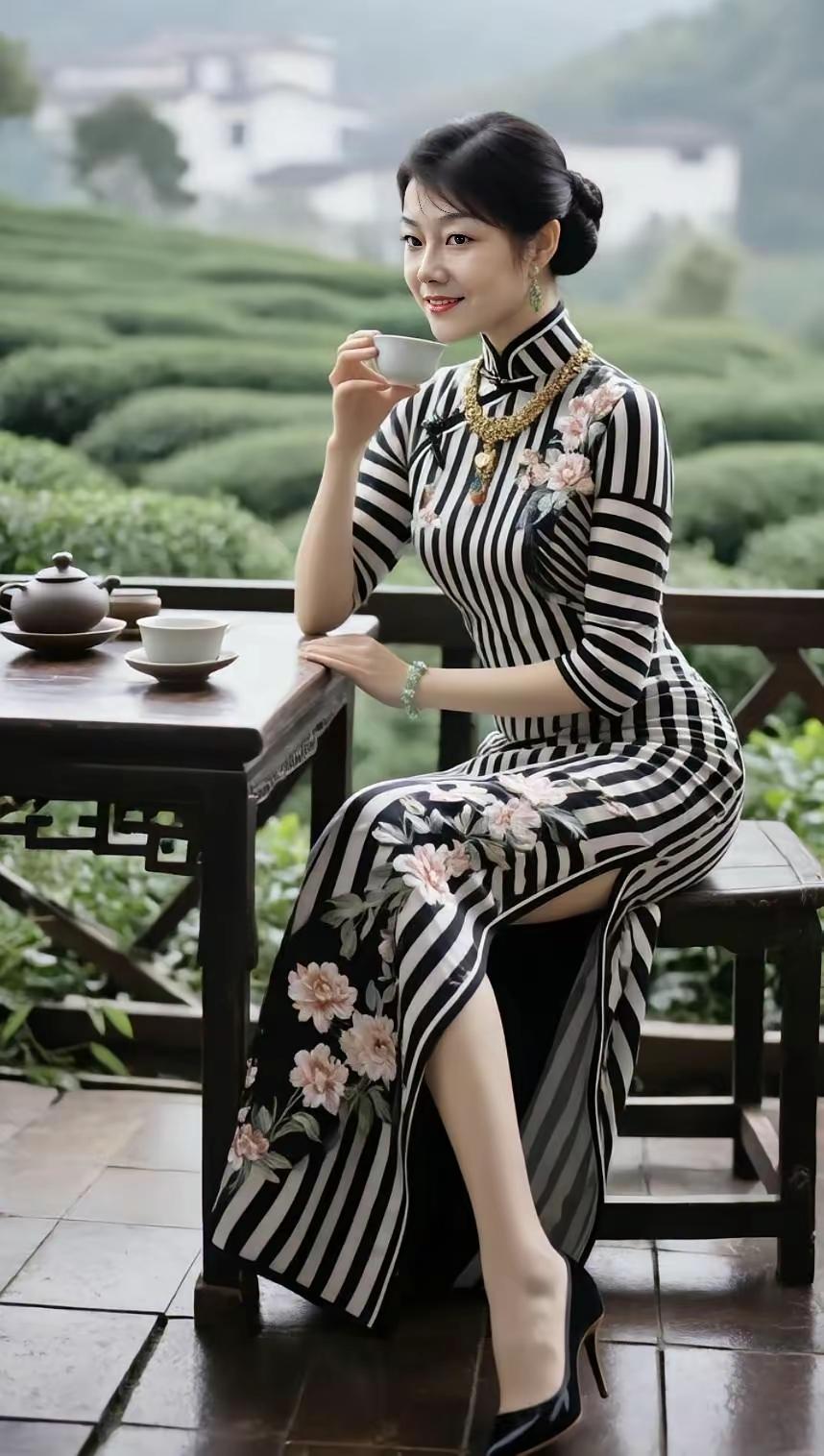 一位女士在茶馆里优雅地喝茶。