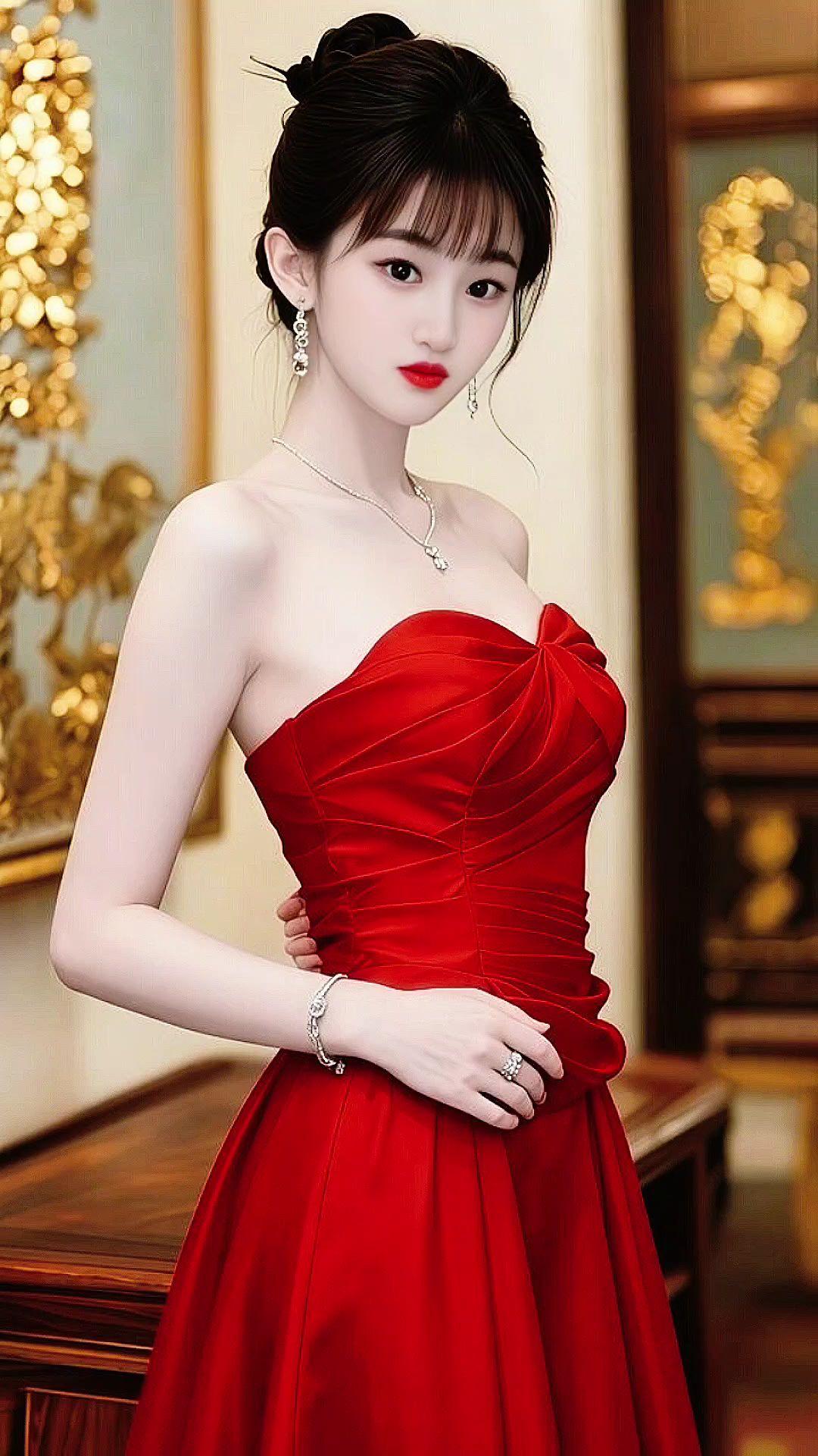 气质红裙写真红色抹胸礼服红色连衣裙优雅气质御姐