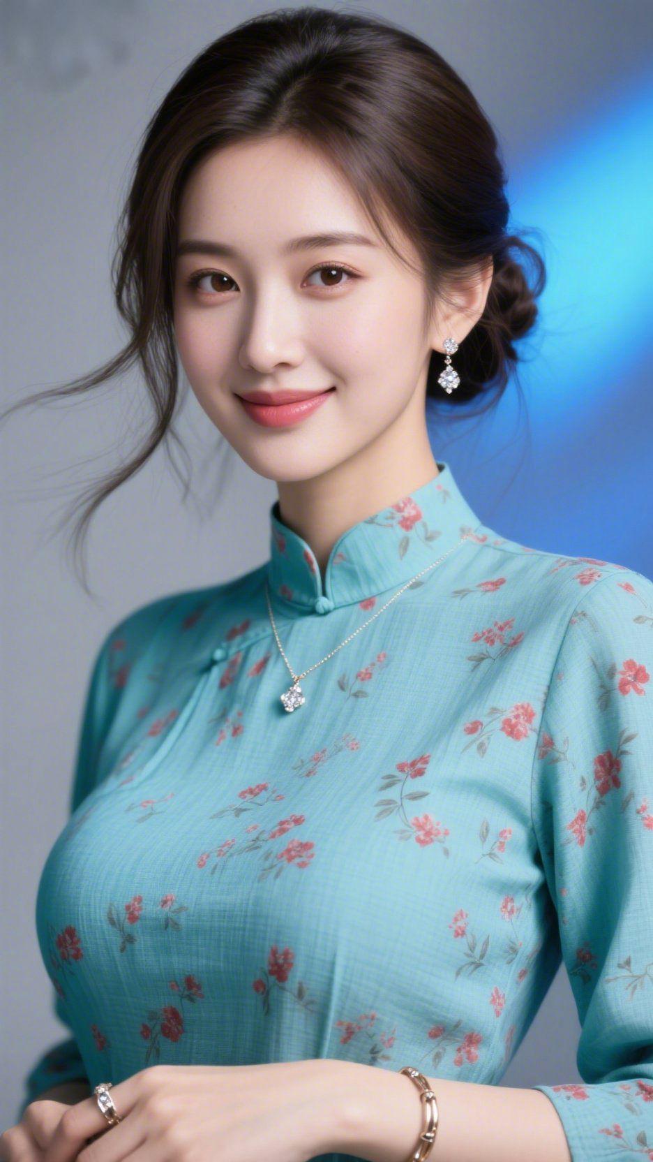 《青衫栖花柔》浅青瓷色的衫，似春溪润意浸在布纹间，细碎花影轻落衣身，衬得盘