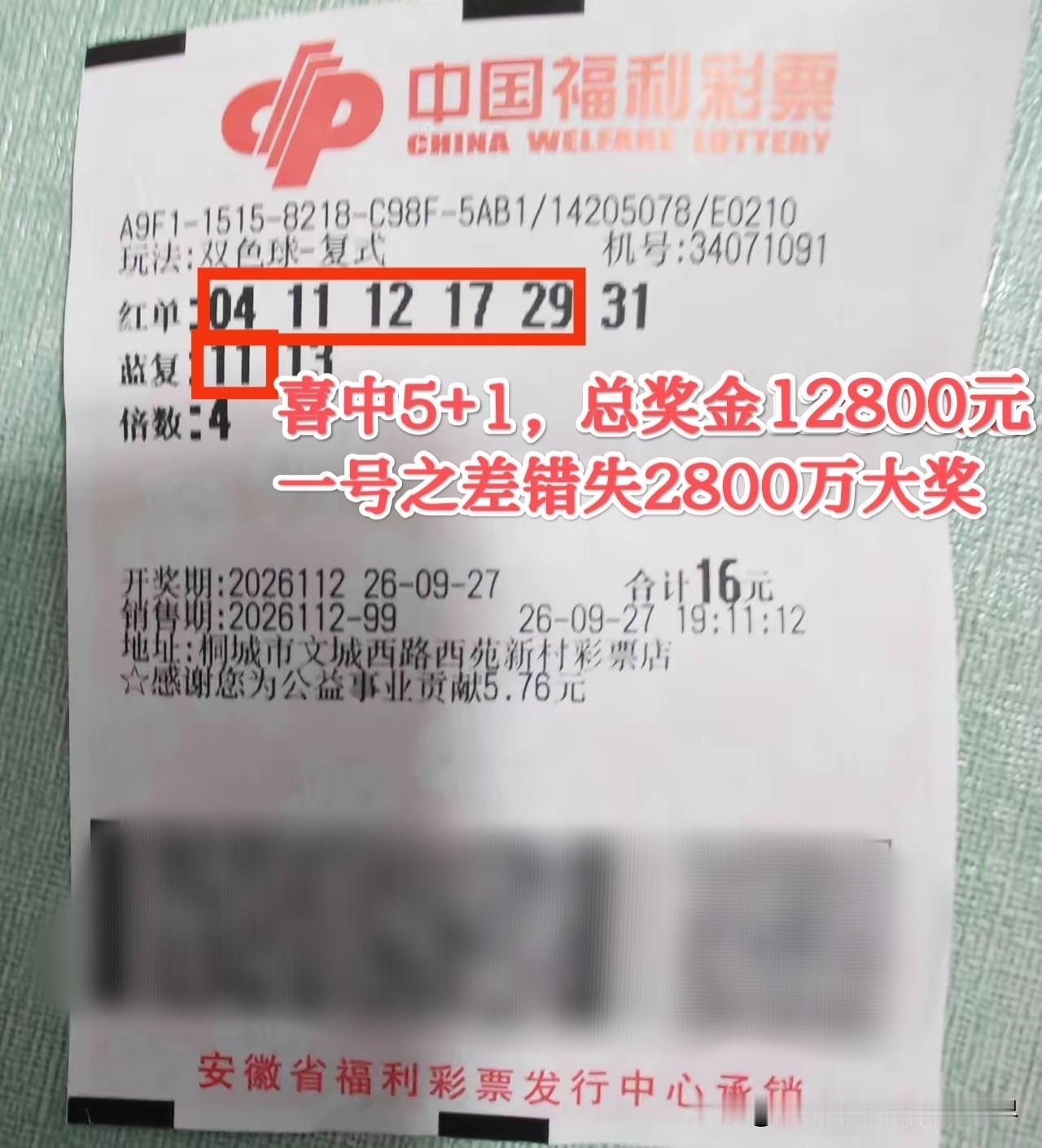 一切皆是命半点不由人！安徽彩民一号之差错失双色球2800万大奖，别提多难受了！