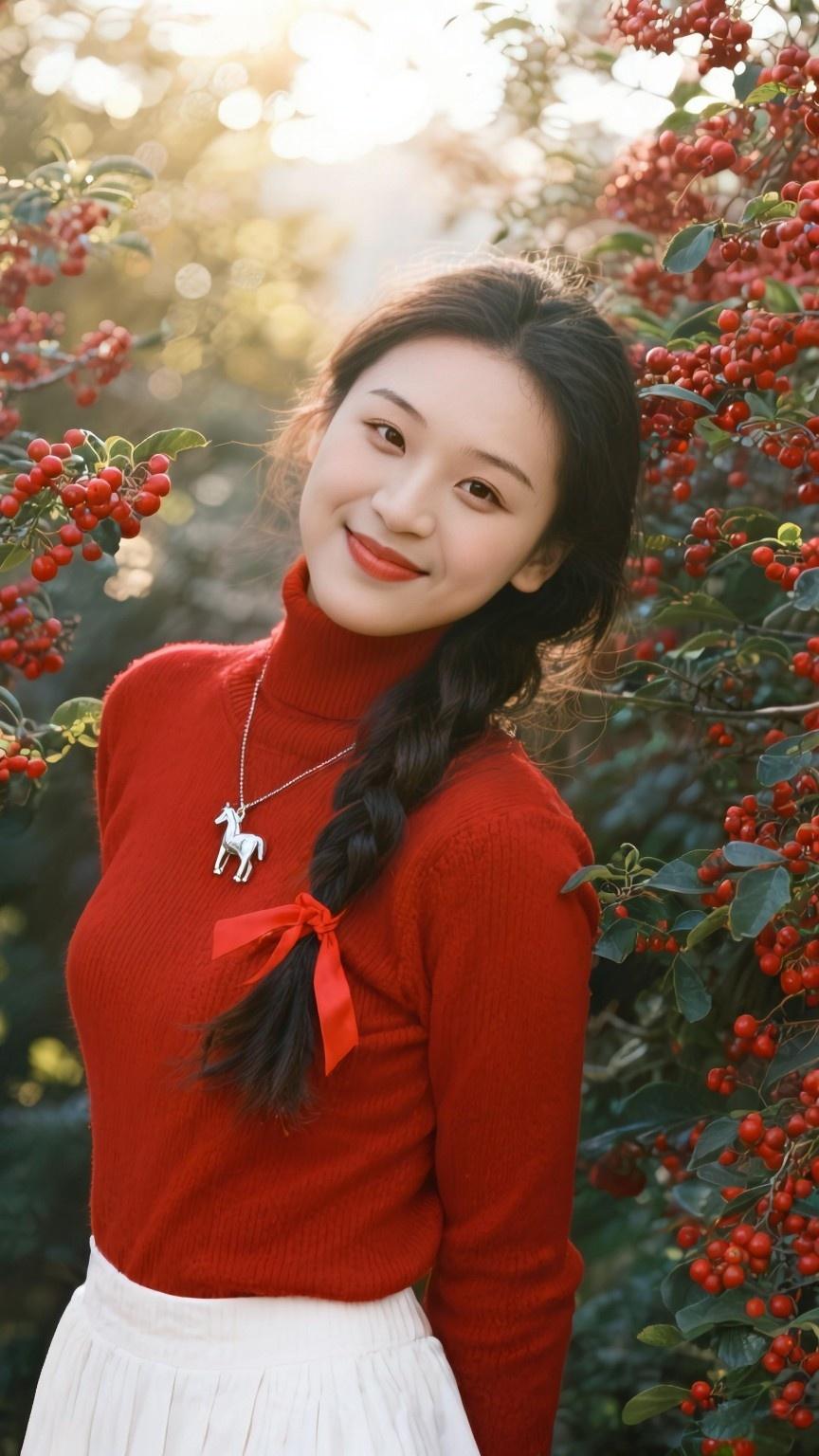什么样的女生充满魅力?红衫揉碎了斜阳，辫梢的红丝带，缠上枝头垂落的红果串。