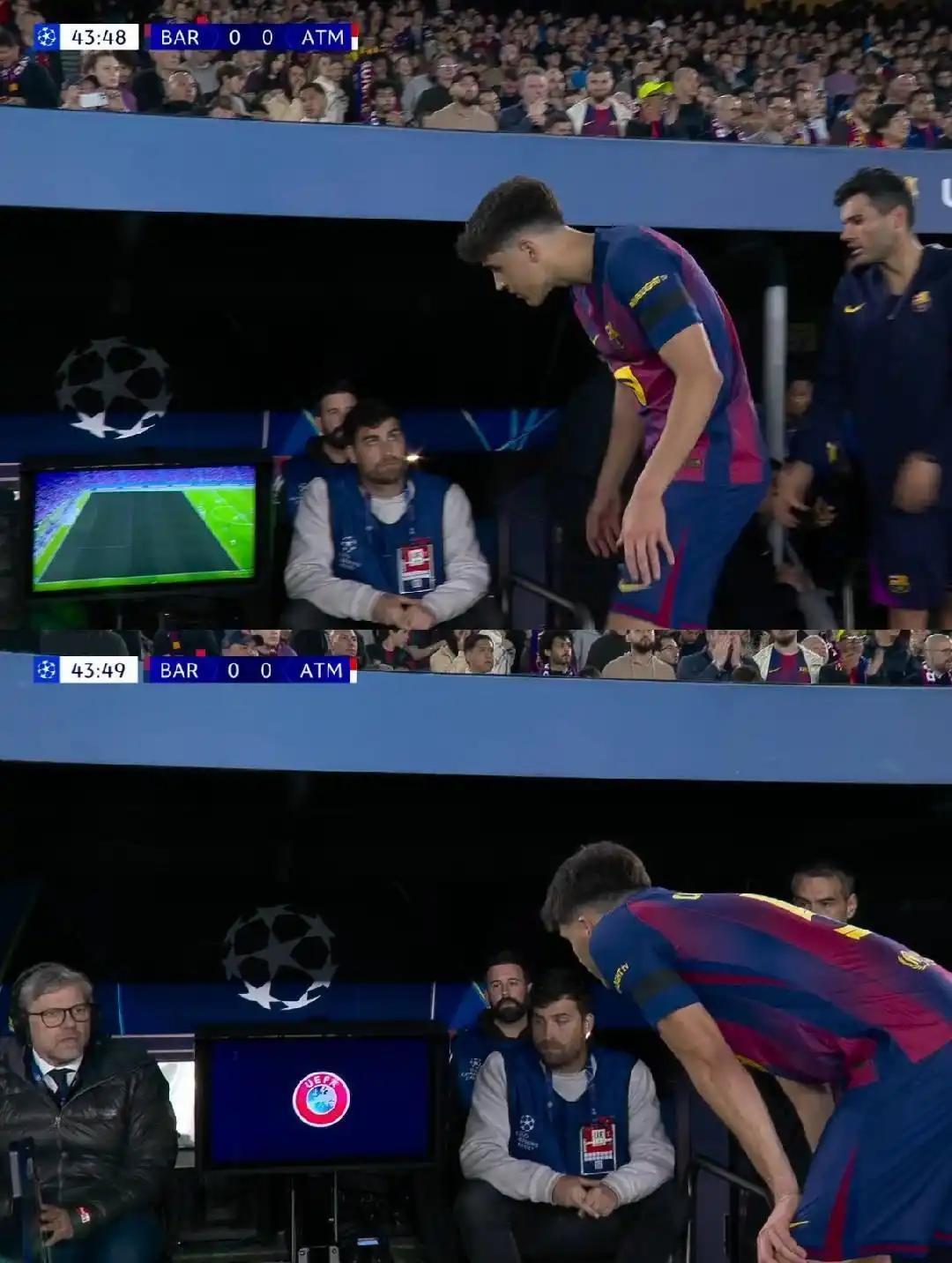 巴萨和马竞之战，裁判的判罚有争议，让巴萨很不满。在38分钟的时候，黄牌在身的科