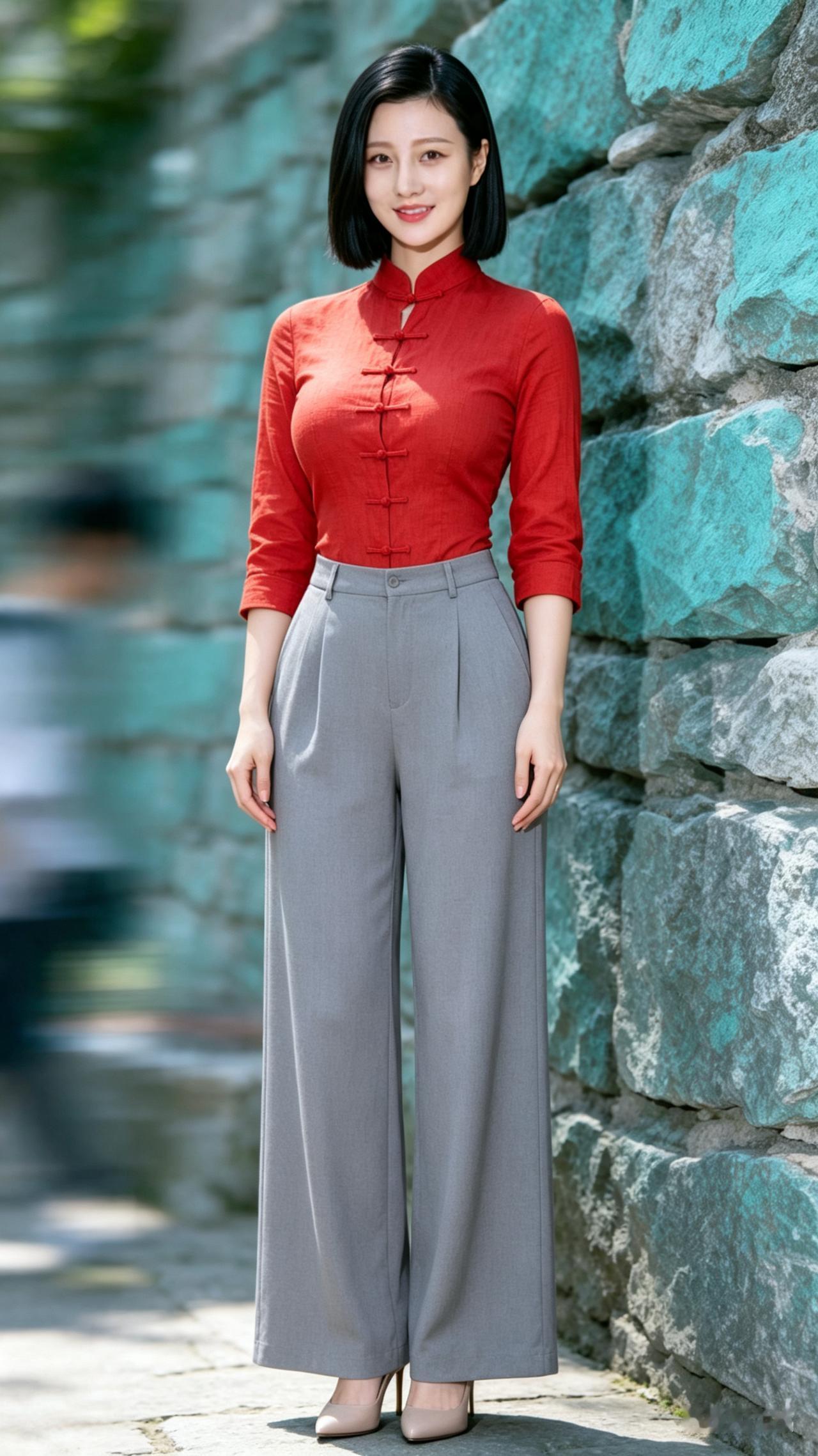 复古红衣搭配灰色阔腿裤，优雅气质满分！