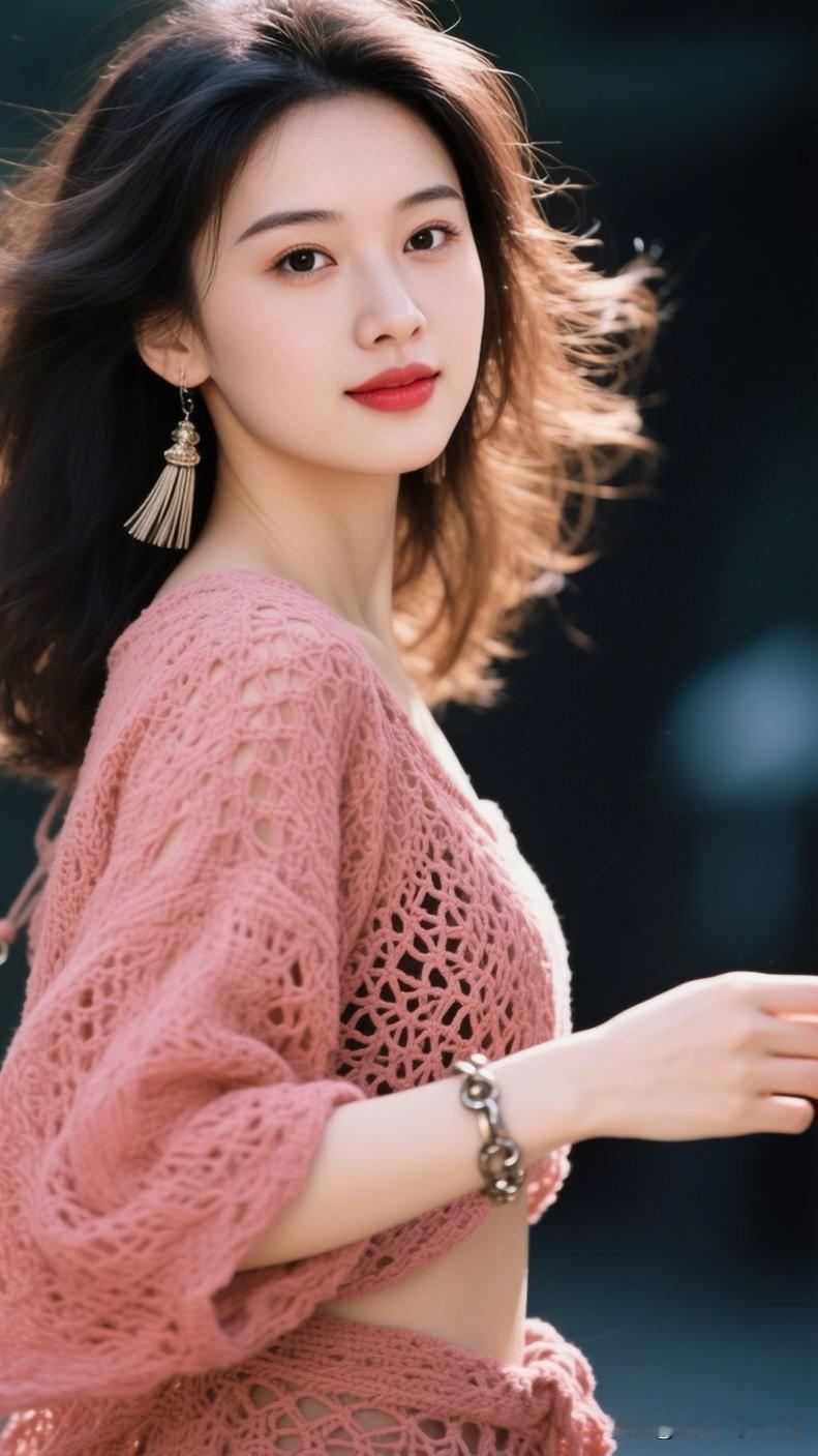 温柔甜美的少女，粉色针织衫，飘逸长发，清新自然。美女究竟能有多美