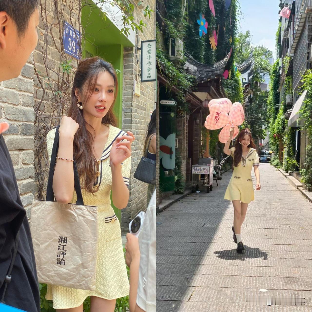 长沙逛街偶遇沈梦辰！网友遇到沈梦辰拍写真了，穿着黄色短裙，拿着气球，这生图也太美