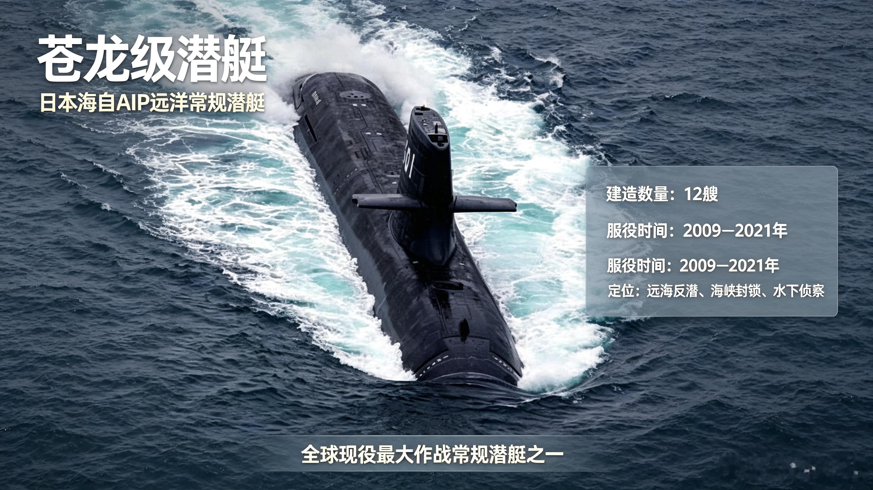 苍龙级是日本海自首款AIP大型常规潜艇，12艘2009至2021年全部服役，水下