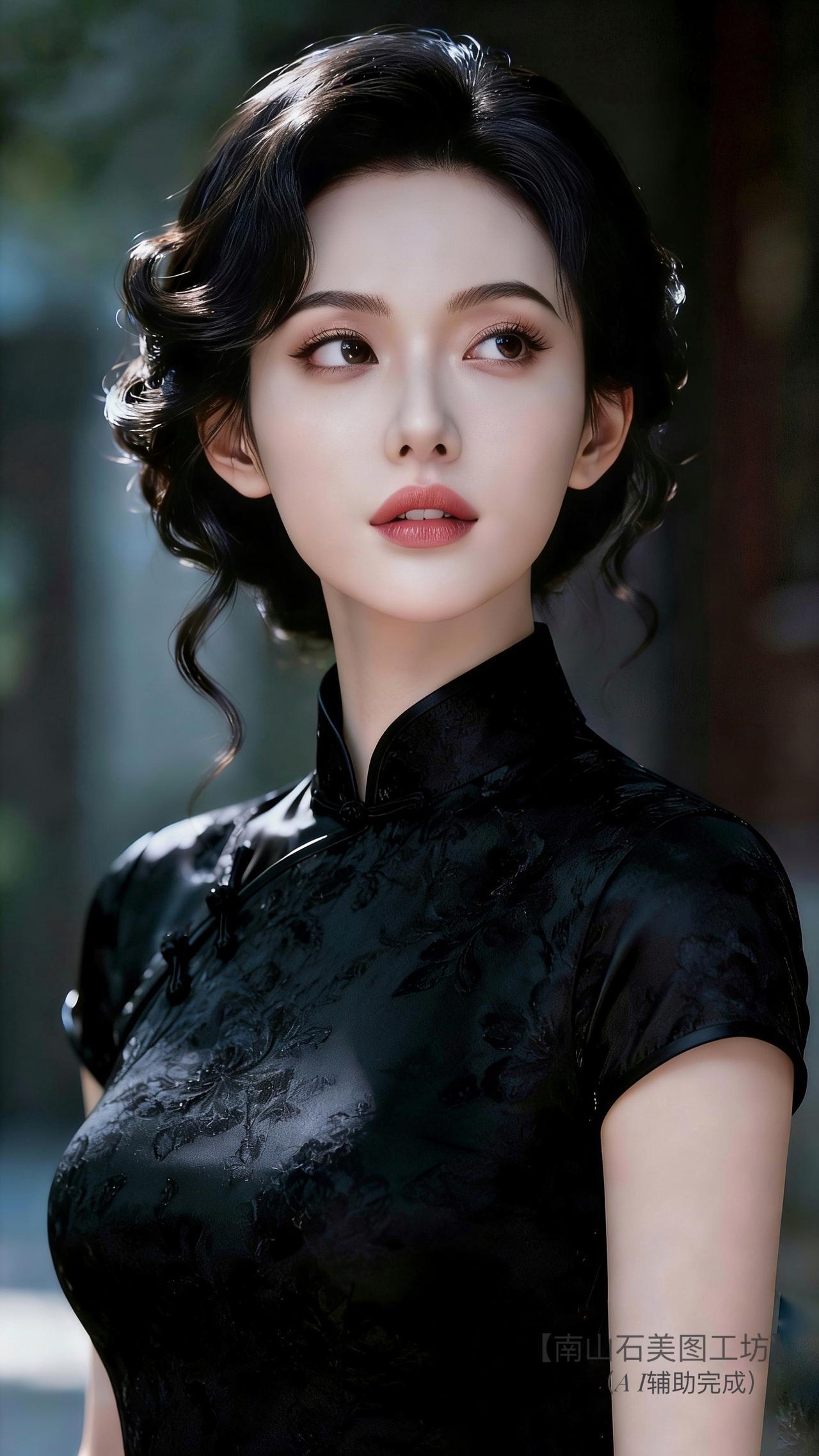 墨色旗袍暗纹淌芳，复古卷发拢住柔光。她眼波静如古潭却亮若星芒，周身气韵似旧诗行，