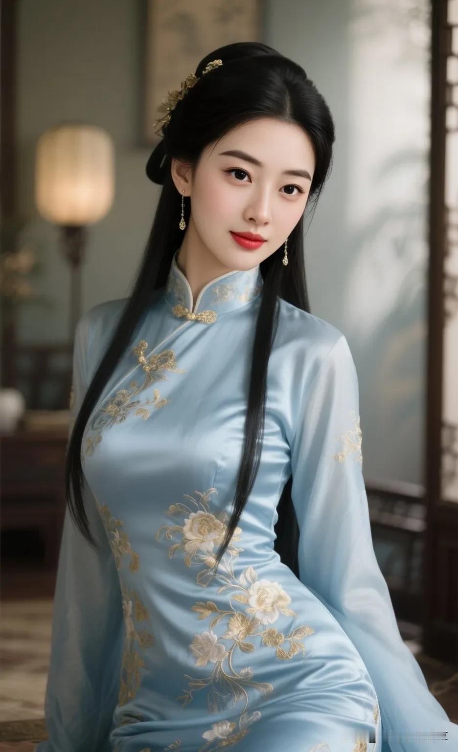 古典优雅，浅蓝旗袍，花枝招展，韵味十足什么样的女人算自然美女生穿旗袍可以有多好