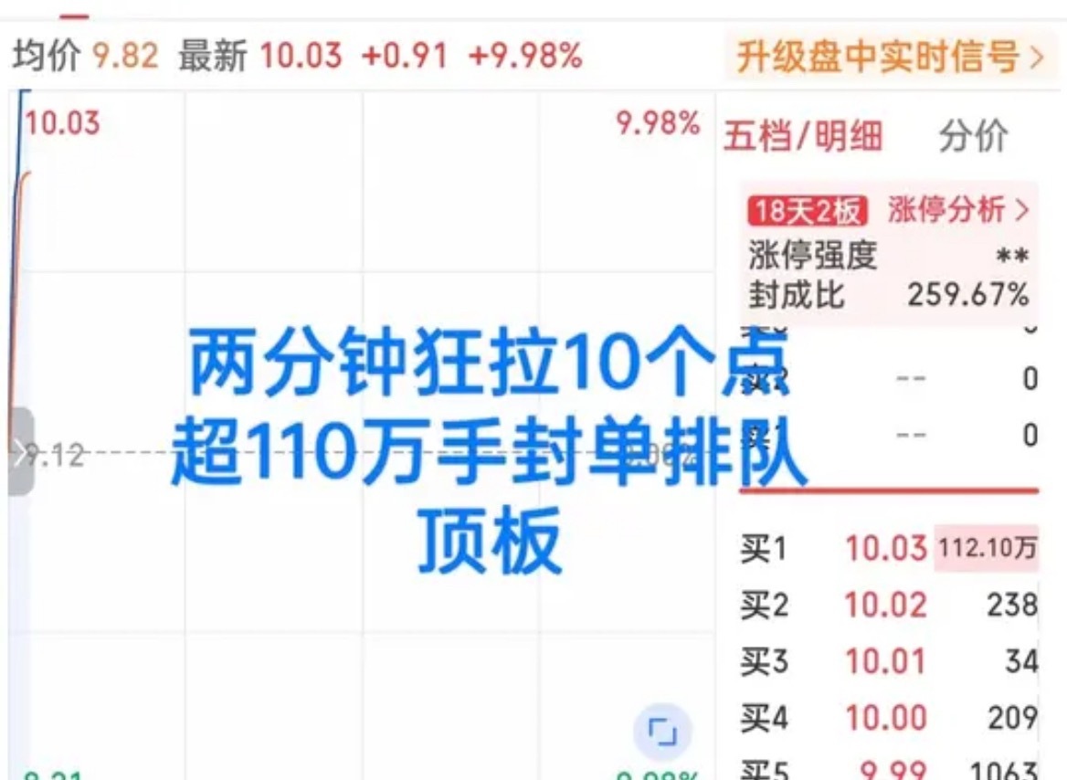 疯了！太疯狂了！刚刚开盘仅两分钟从地平线直接暴起狂拉10个点涨停！超110万手封单排队顶板，主力资金