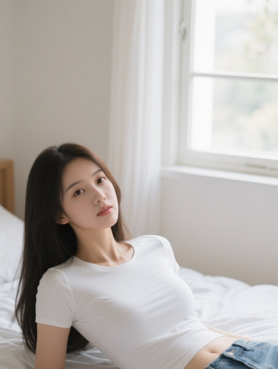 娇俏少妇居家瞬间，牛仔裤展现柔美风情