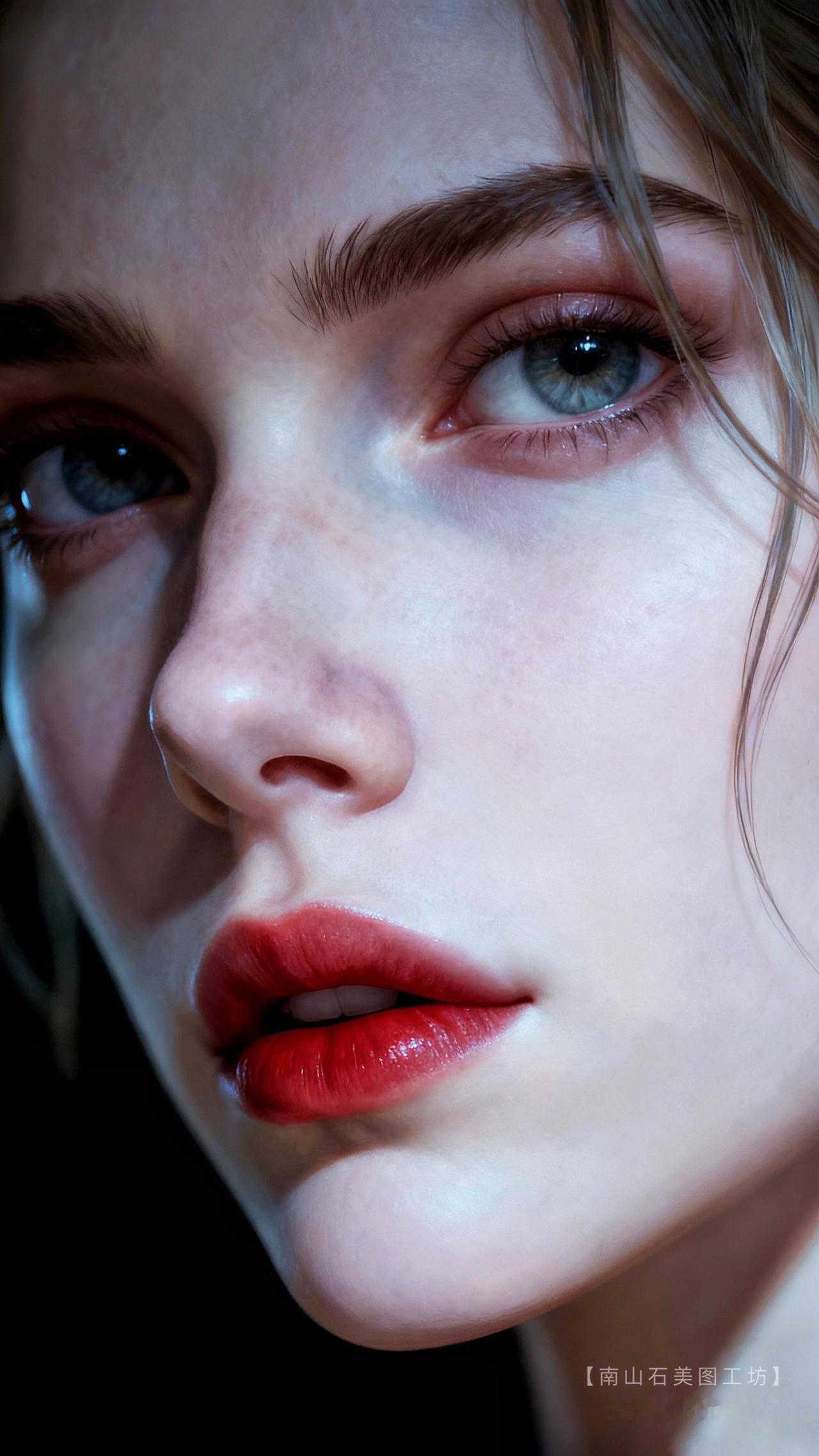 蓝眸似盛着澄澈星湖，眉如远山衔翠，红唇绽成炽烈玫瑰；柔光抚过细腻肌理，发丝随风漾