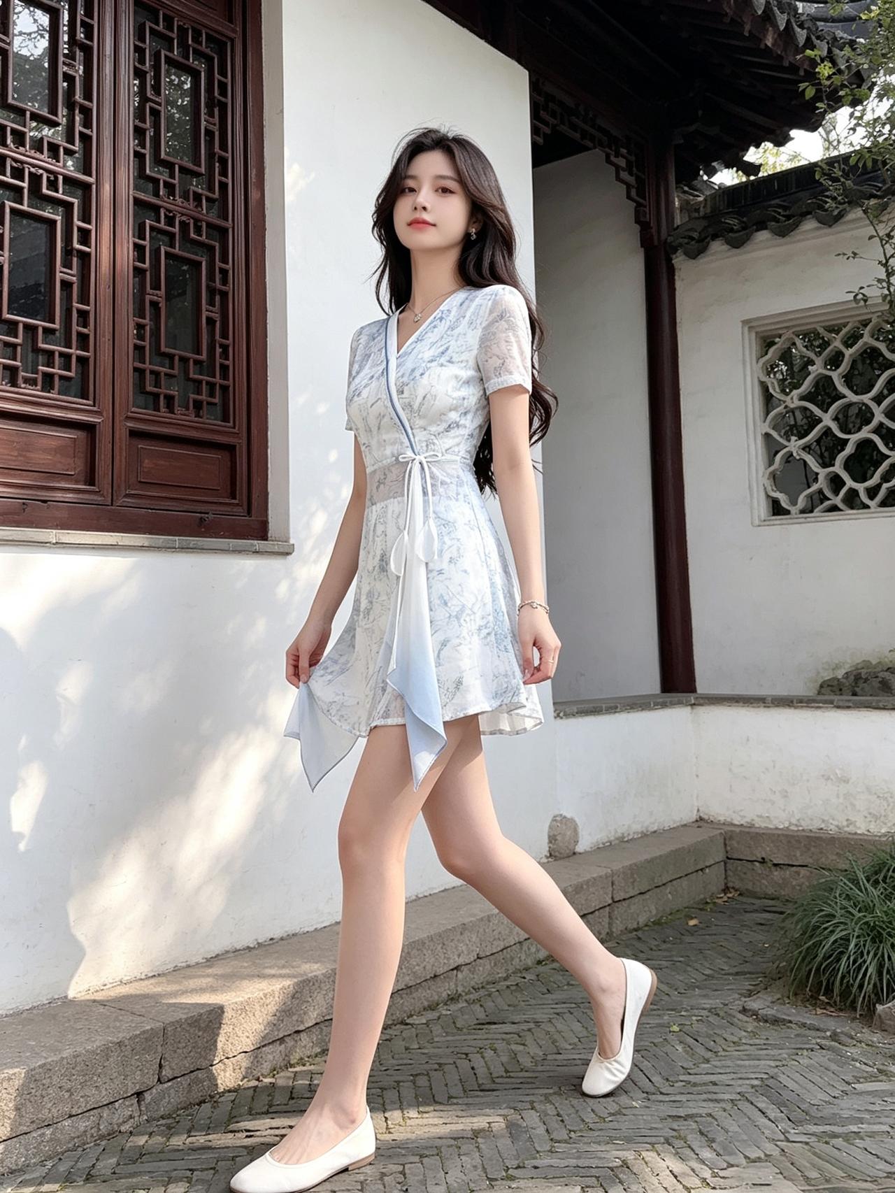 女孩子怎么穿搭既时尚又好看?阳光透过窗棂洒下斑驳光影，身着新中式碎花裙的少女，在