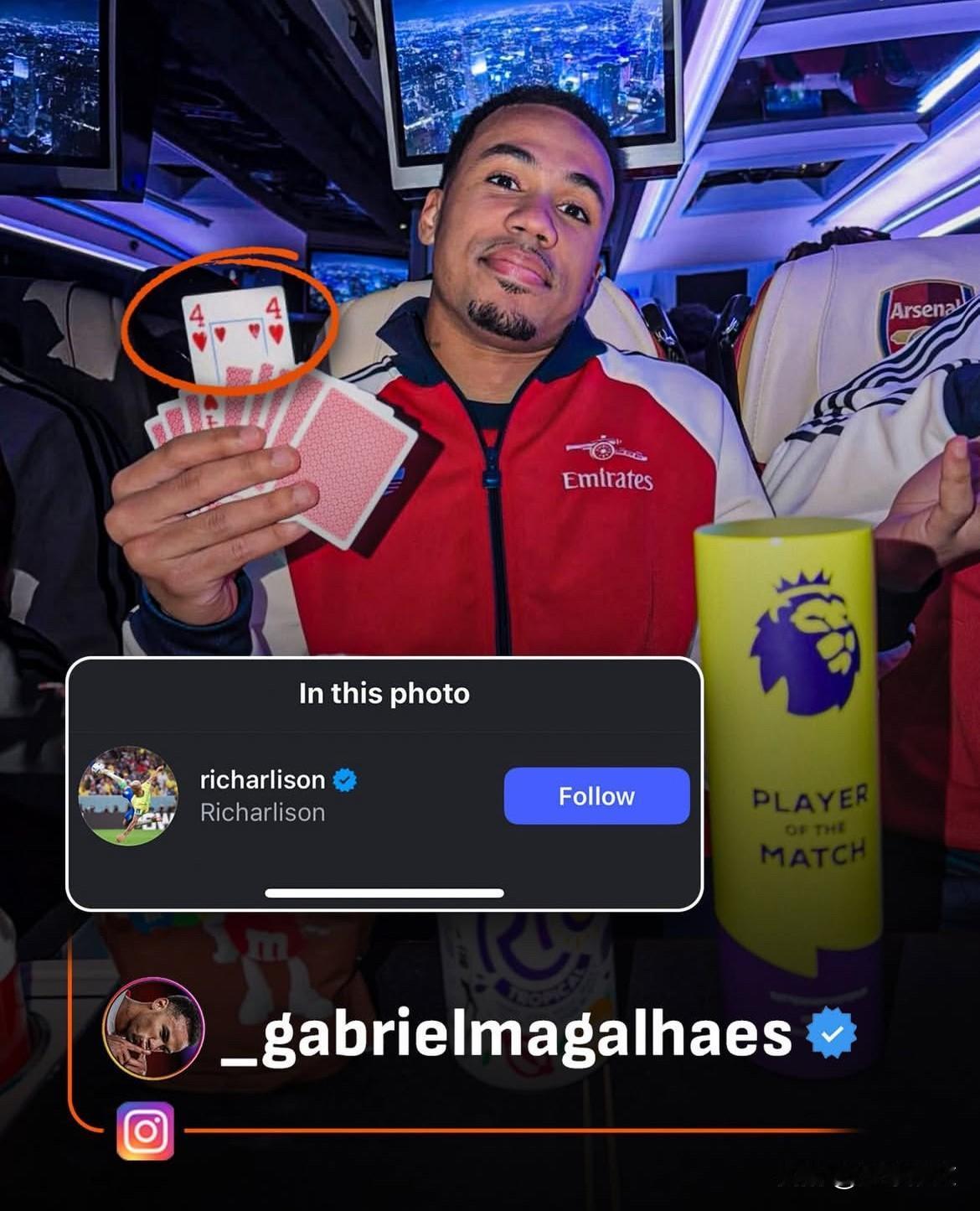 最终，阿森纳4-1联赛双杀热刺。赛后加布里埃尔更新个人社交媒体，他还特意艾特