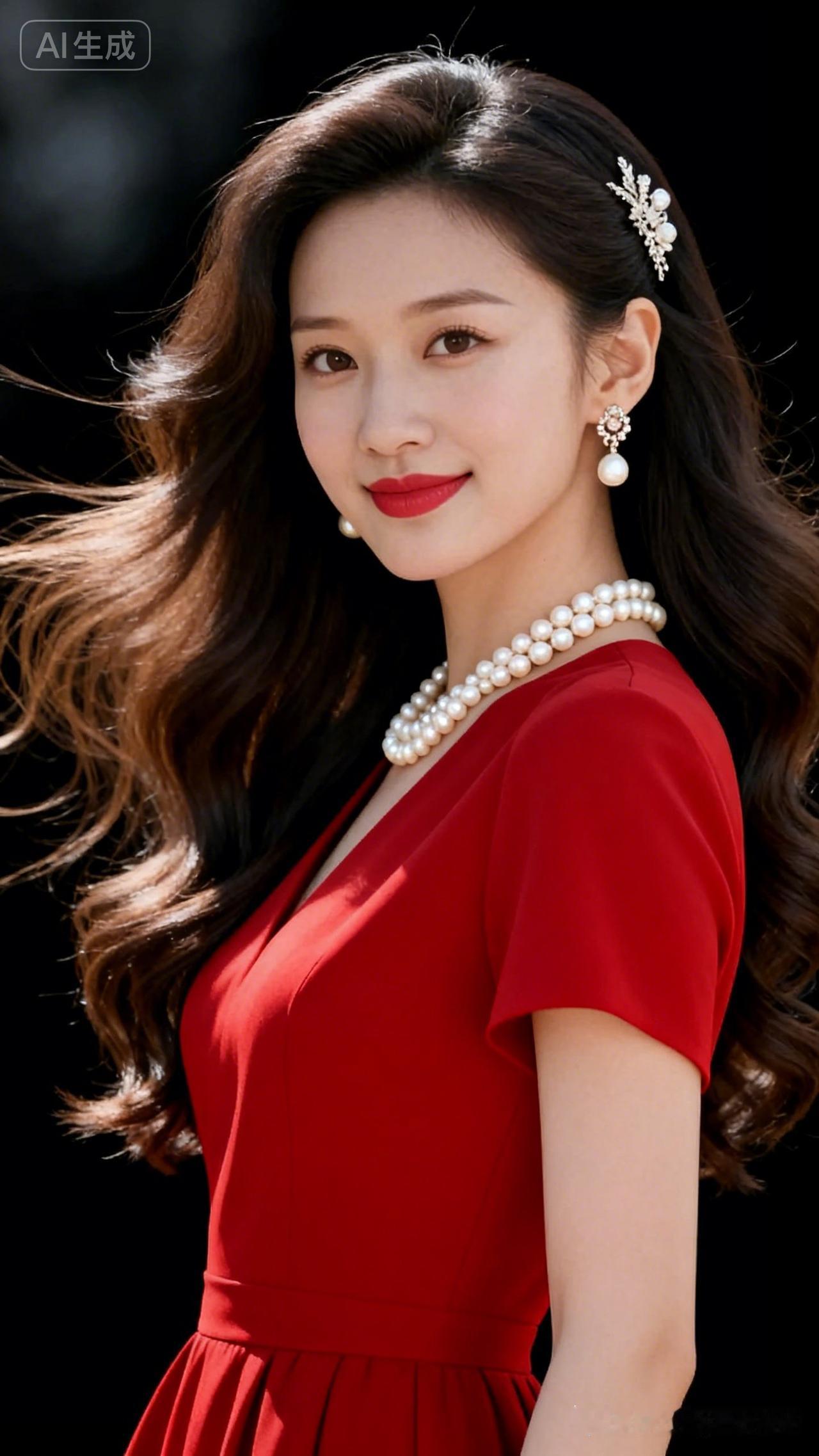 优雅红裙，珍珠配饰，尽显高贵气质！