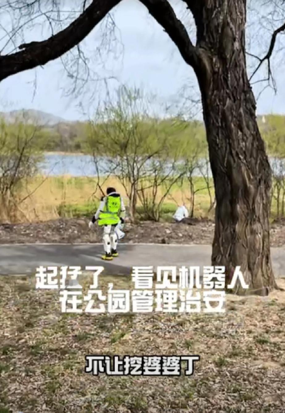 哈哈，笑不活了”吉林的公园里有一个机器人拿着大喇叭喊游客不要挖野菜，说打药了，一