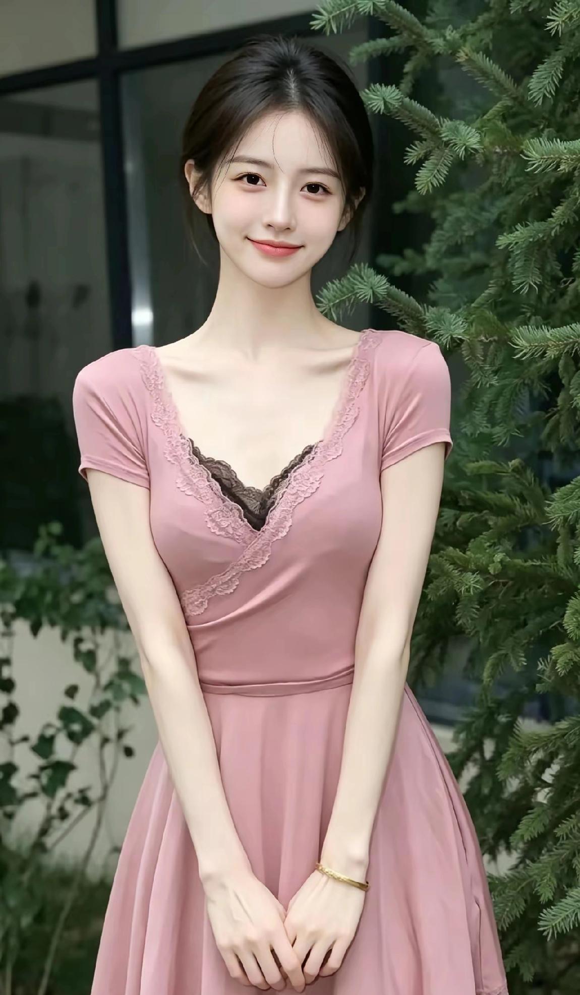 温柔粉裙少女，微笑如春风，自然清新。