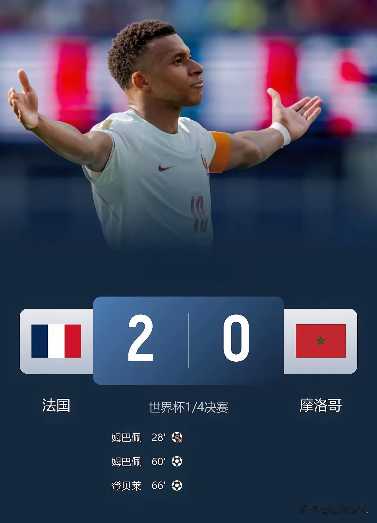 全程压制！法国2-0完胜摩洛哥强势晋级四强，双核闪耀统治全场！北京时间7
