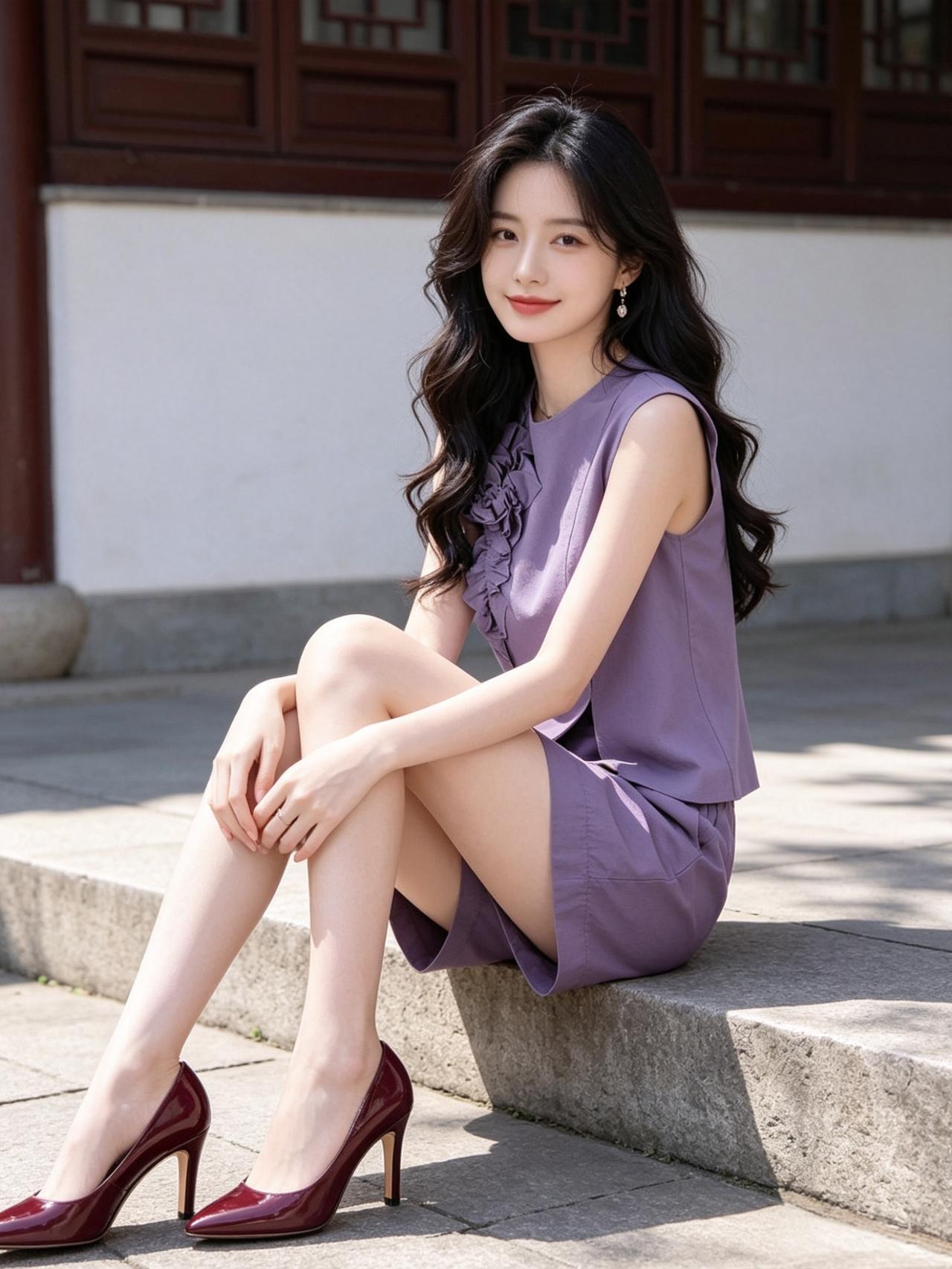 女孩子怎么穿搭既时尚又好看?紫衣如诗，红鞋点睛，古韵庭院里，优雅与自信，一步