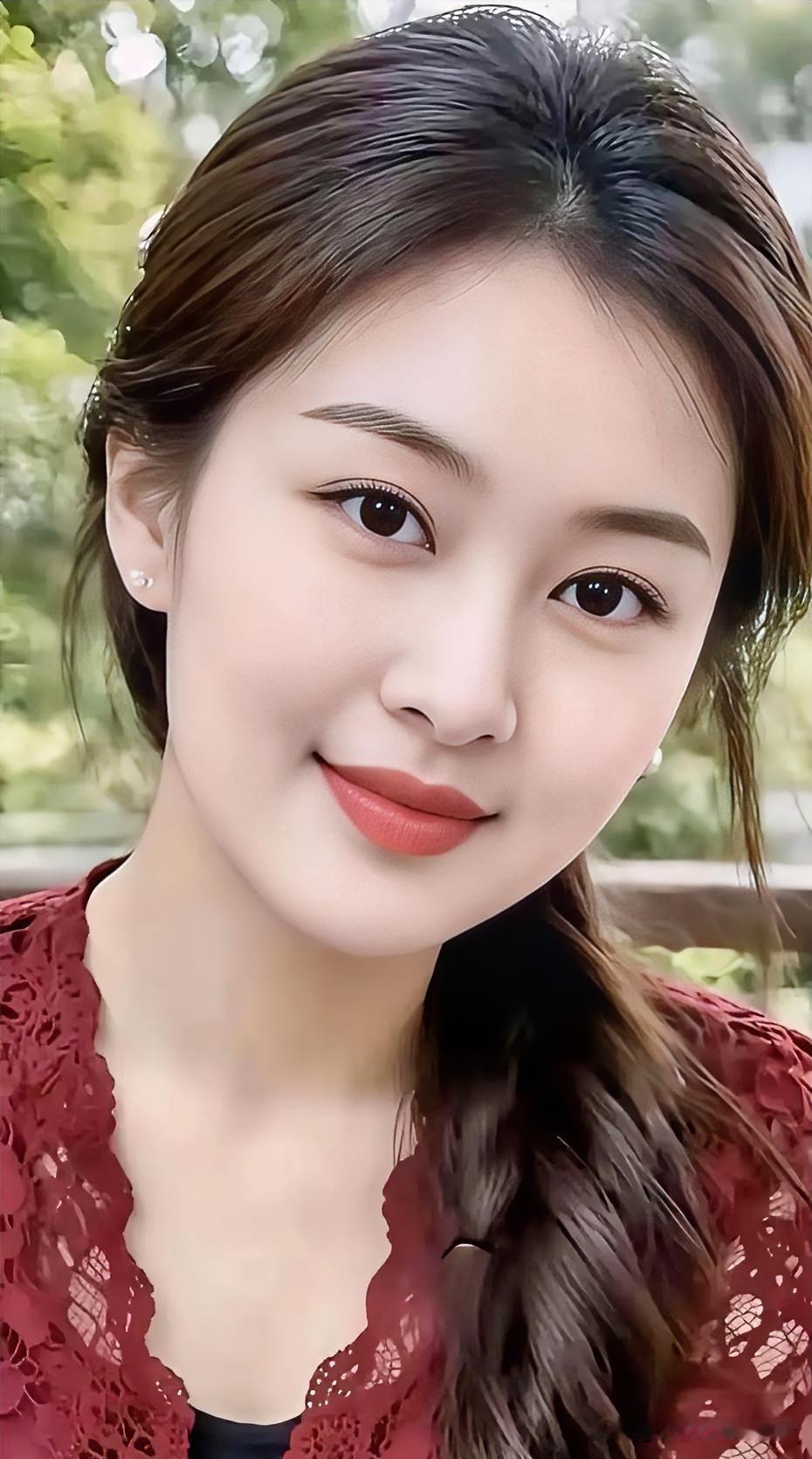 墨发轻挽，蕾丝红裳映衬着如玉肌肤。她眼眸清澈，笑意盈盈，宛如林间清风，携着一缕明