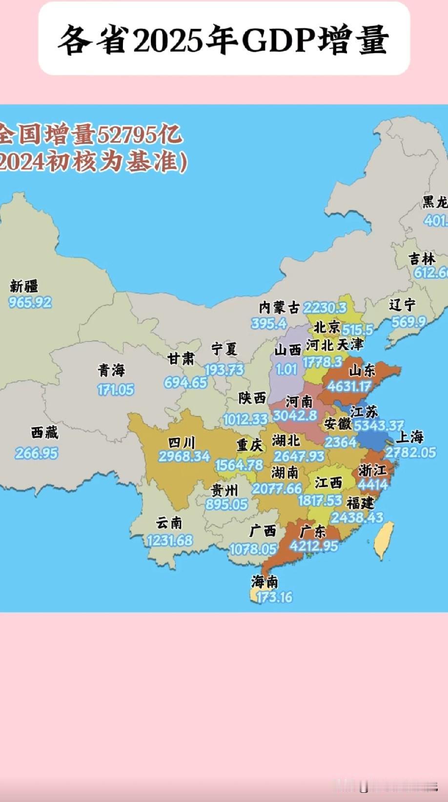 2025年中国大陆各省市区GDP增长量数据水平情况，图片里属于2025年我国大陆