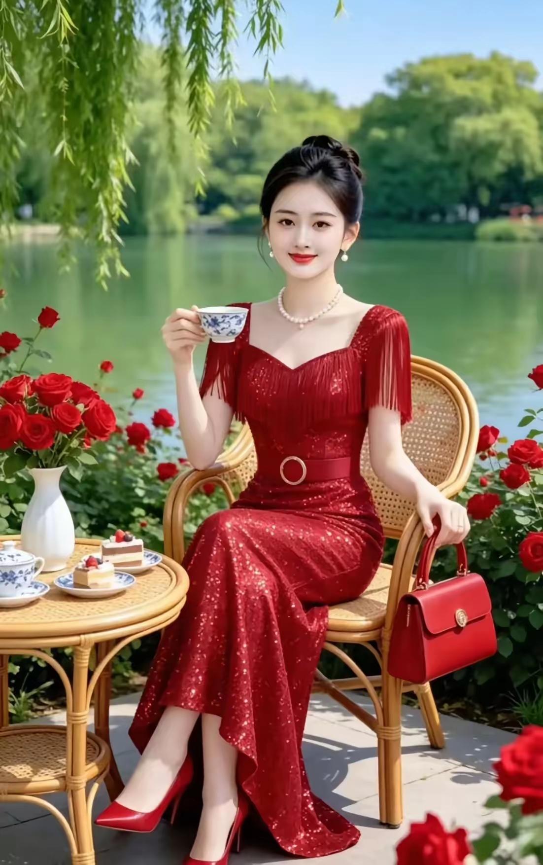 肤白俊不丑，湖边品美酒。妆扮多华丽，家庭必富有。