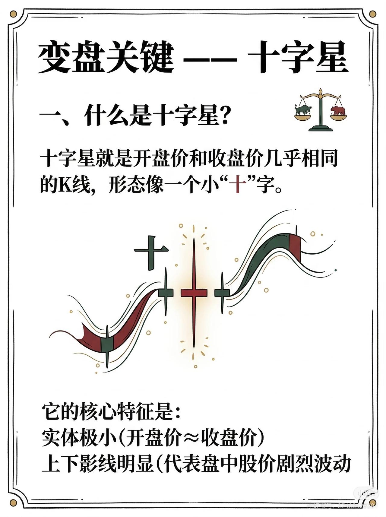这份内容围绕股市“十字星”形态展开，核心要点如下：一、五大形态及信号1.