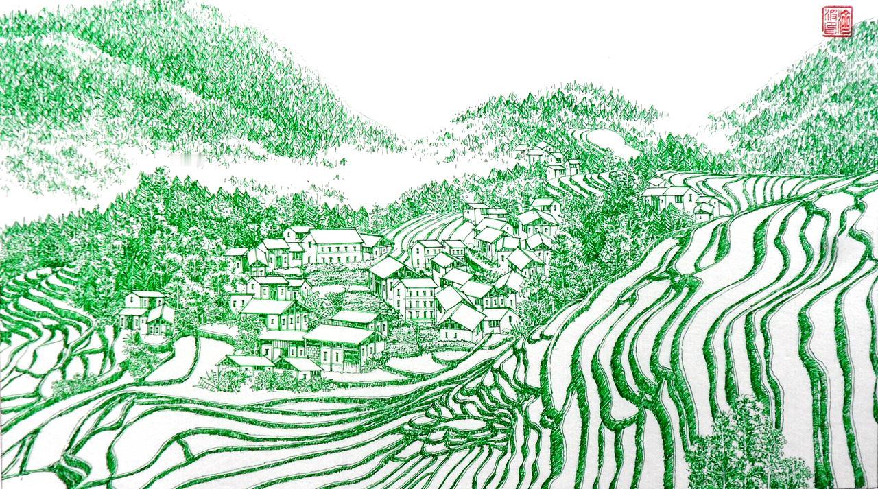 昨天用红色签字笔画了一幅梯田山水画，今天用绿色签字笔来尝试一下，