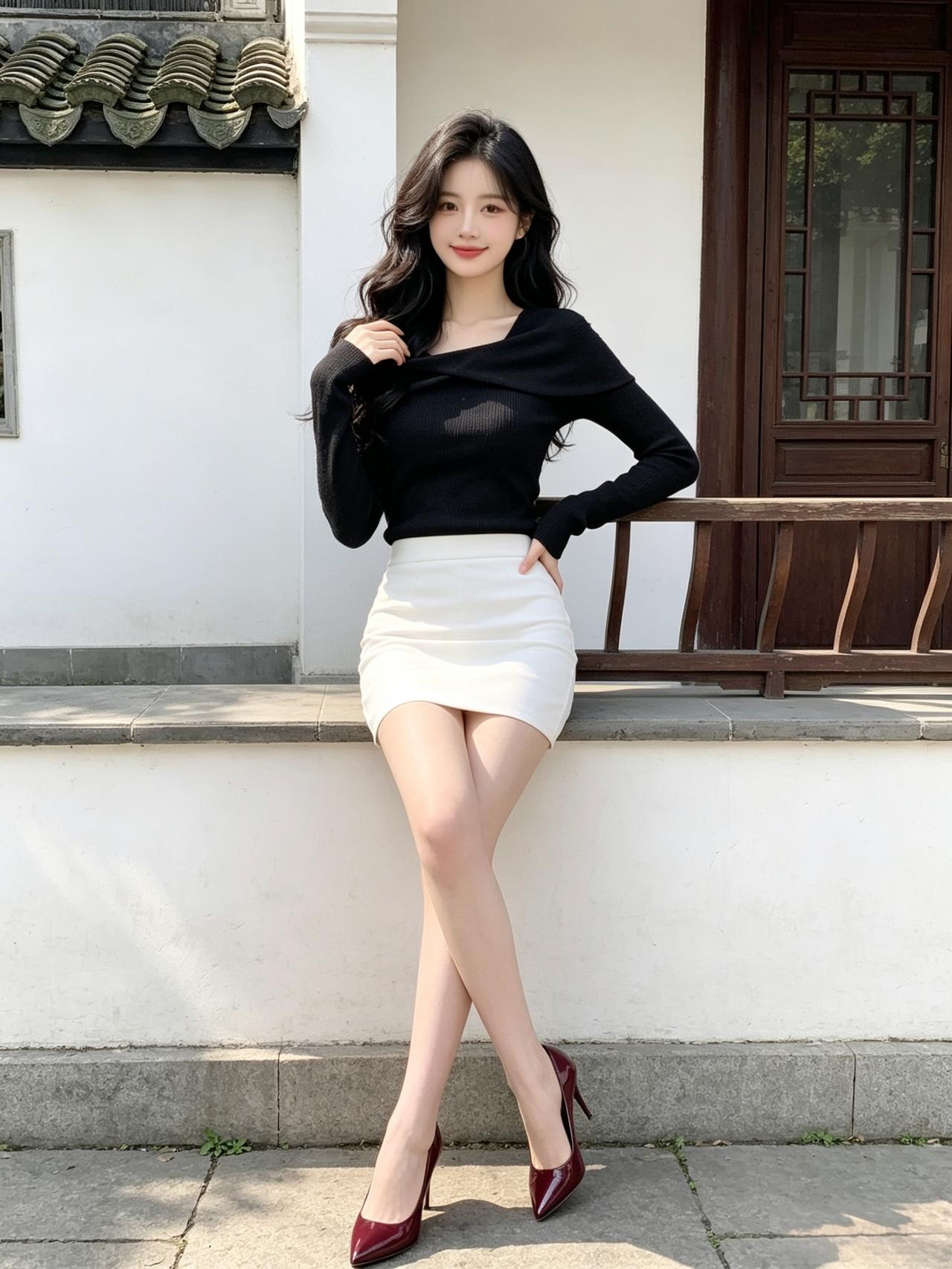 女人如何穿出含蓄的性感?黑衫白裙配红鞋，阳光洒在江南庭院，这身穿搭太显腿长了吧