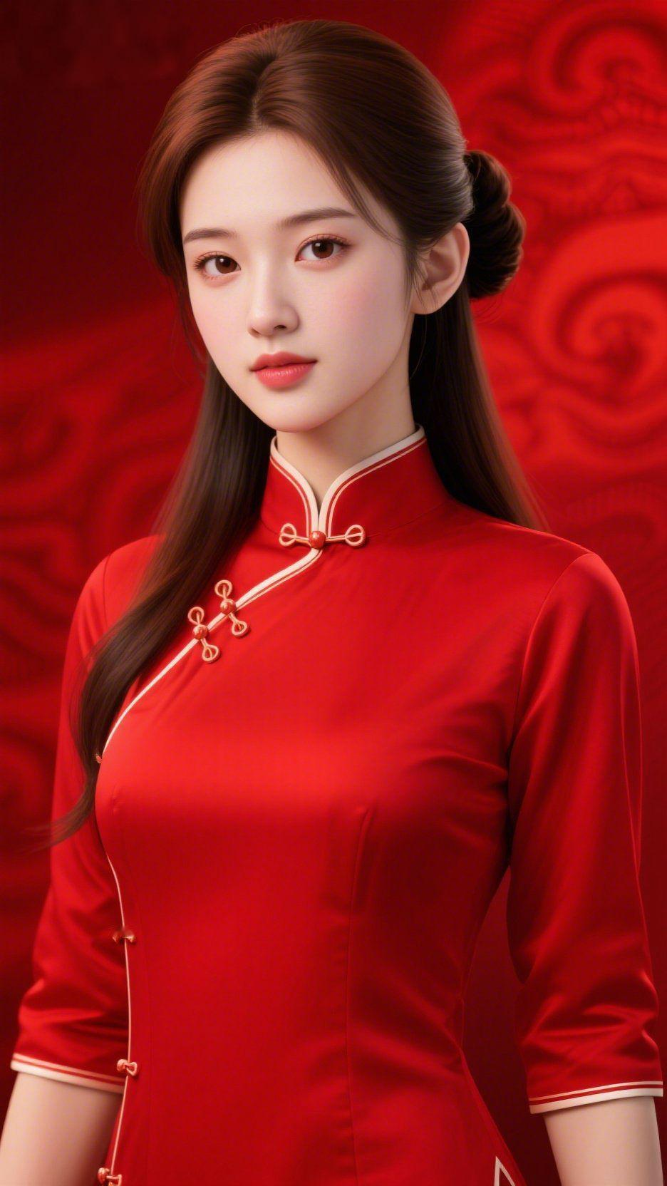 红襟雅仪朱红旗袍裹着温雅的风骨，盘扣轻合，似将细碎的时光妥帖系在领口。鬓边