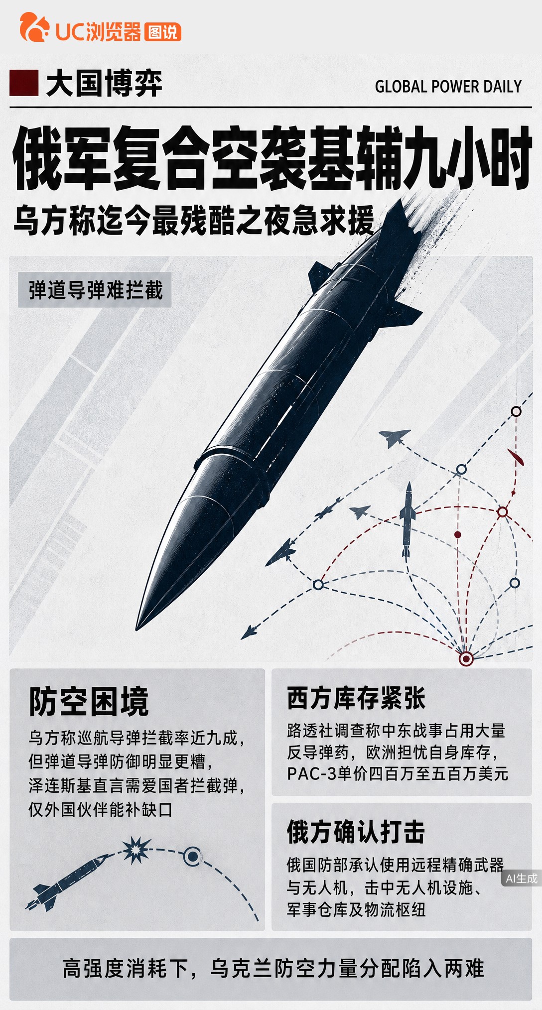 基辅防空警报拉了9小时，俄军混编无人机与弹道导弹空袭。乌方称巡航导弹拦截率近90%，但弹道导弹难拦，