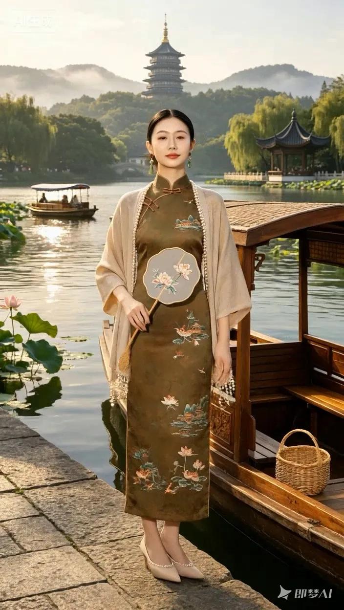 七绝●西湖美景/古韵碧水青山万物苏，红莲绿柳美西湖。轻摇羽扇游船上