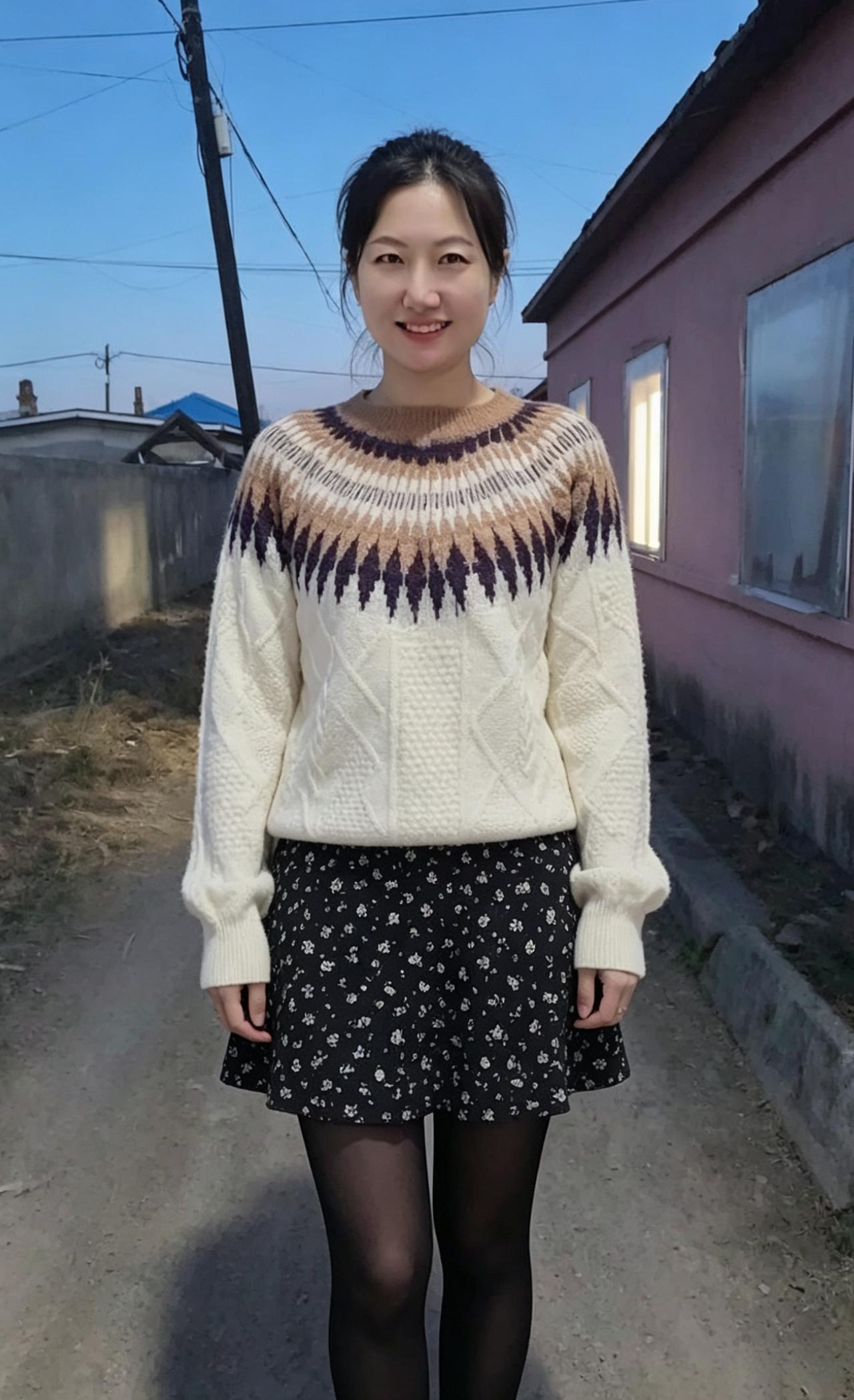 毛衣轻暖衬娇容，浅笑嫣然暖意浓。乡野风寒皆不惧，佳人暮行胜花红。