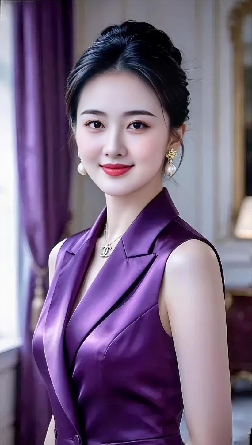 《紫韵从容》紫缎无袖，裁出利落的优雅，高盘发髻，衬出眉眼清亮。珍珠耳