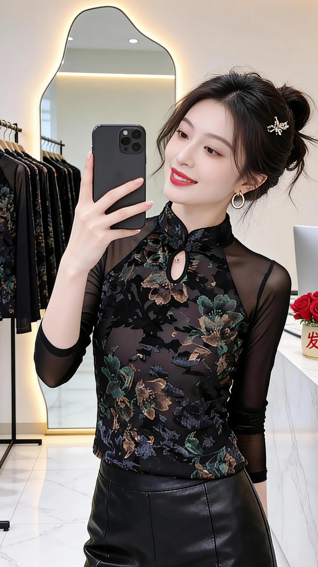 镜中花影镜前的光，是店里最温柔的注脚。她指尖轻抵镜面，黑色的网纱袖管