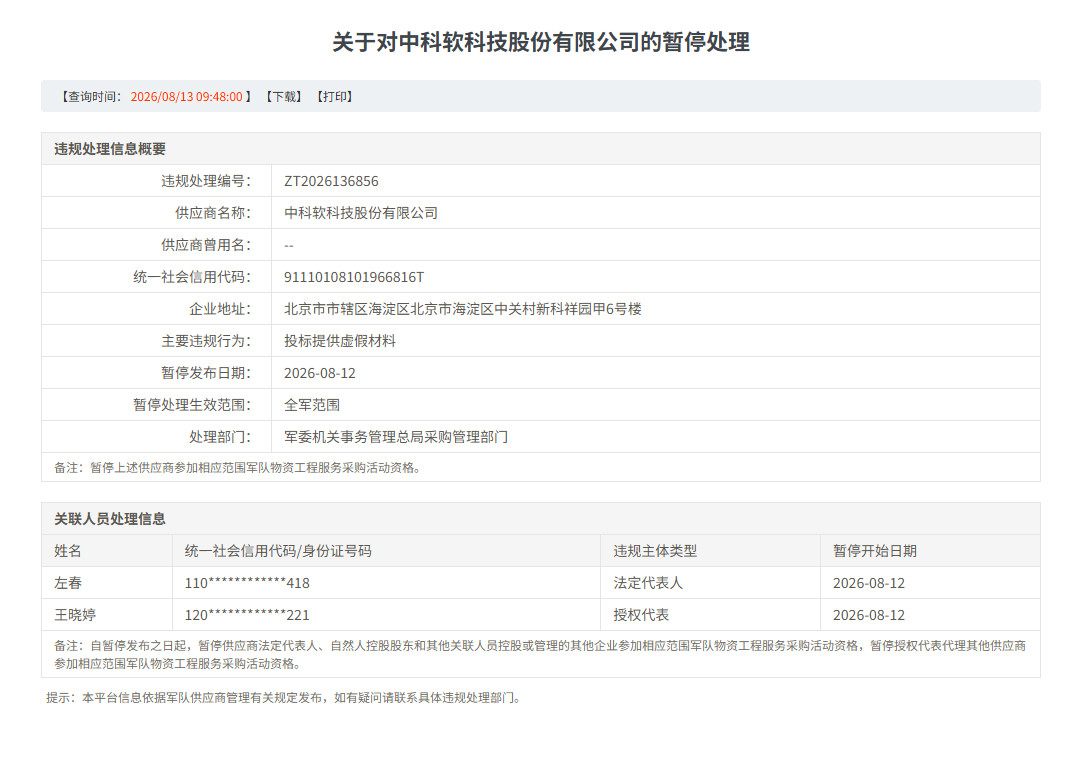 【#中科软提供虚假材料被暂停军采资格#】8月13日，观察者网查询军队采购网了解