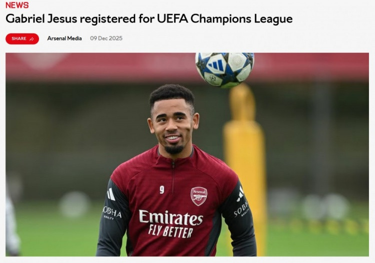 官方: 热苏斯已经注册, 顶替受伤的小将道曼代表阿森纳参加欧冠