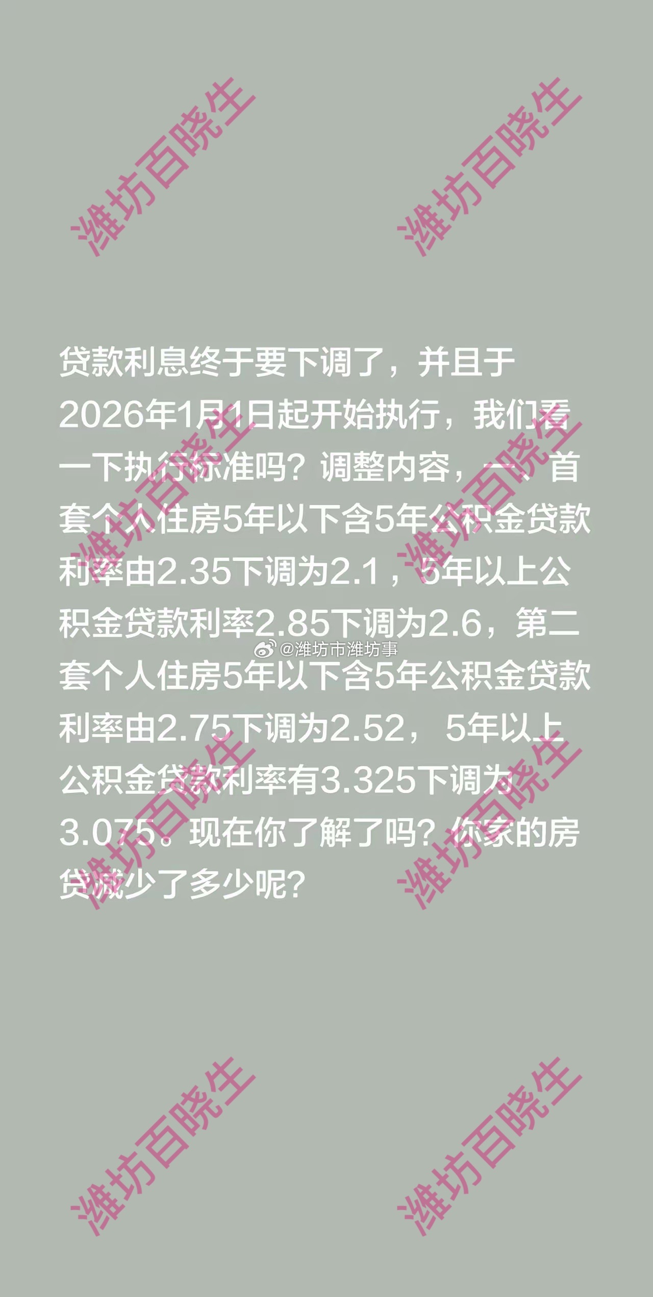 公积金贷款利率调整表贷款利息下调将于2026年1月1日起执行，主要涉及存量住房公